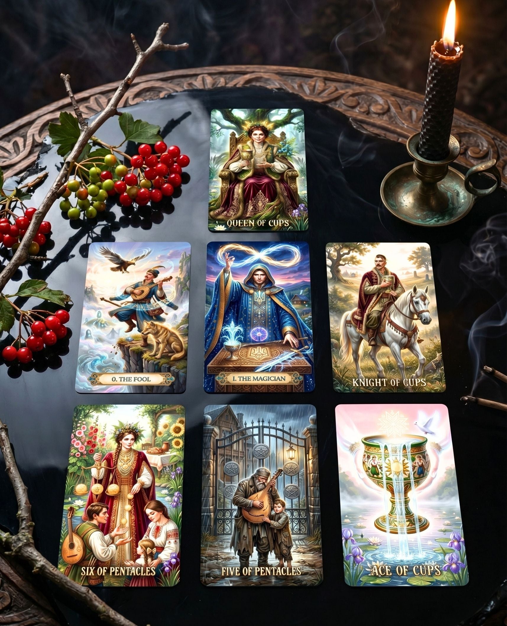 Ukrainian Soul Tarot cards Queen of Cups, The Fool, Magician, Knight of Cups, Ace of Cups with black candle and red viburnum — MardocCraft