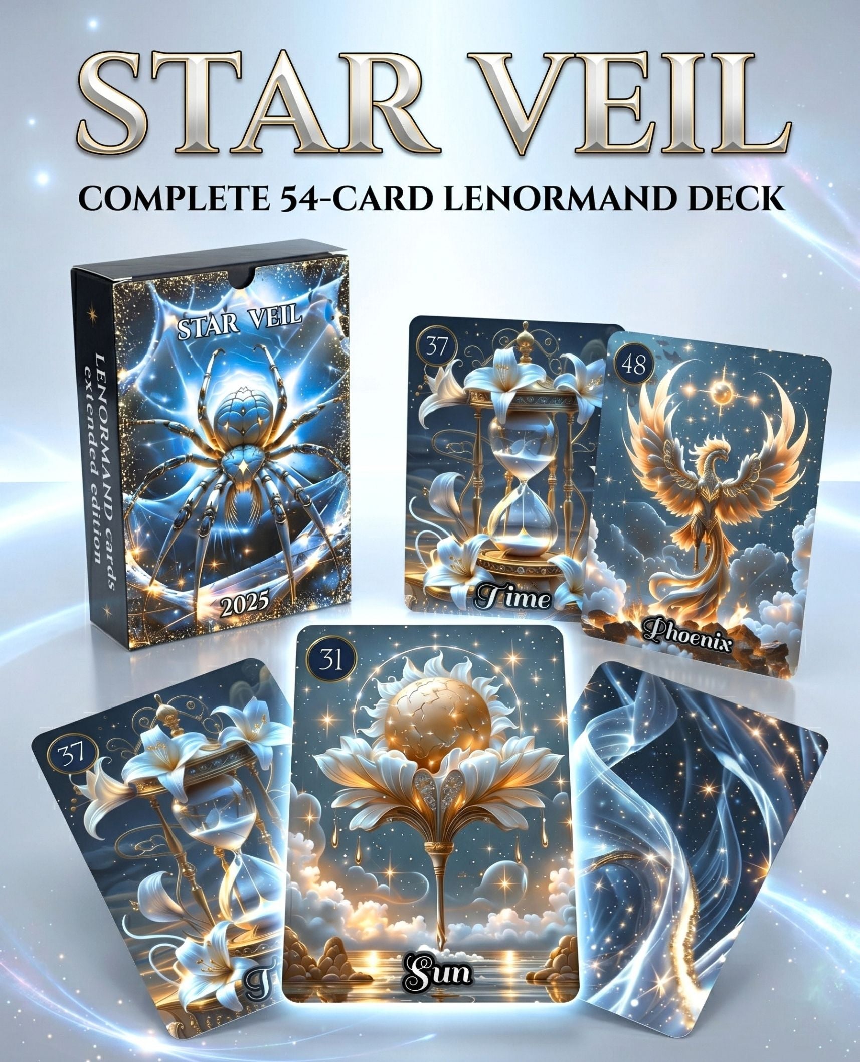 Star Veil Extended Lenormand 54 cards — Spider, Time, Phoenix bonus oracle cards with artisan box, handmade dark cartomancy deck MardocCraft