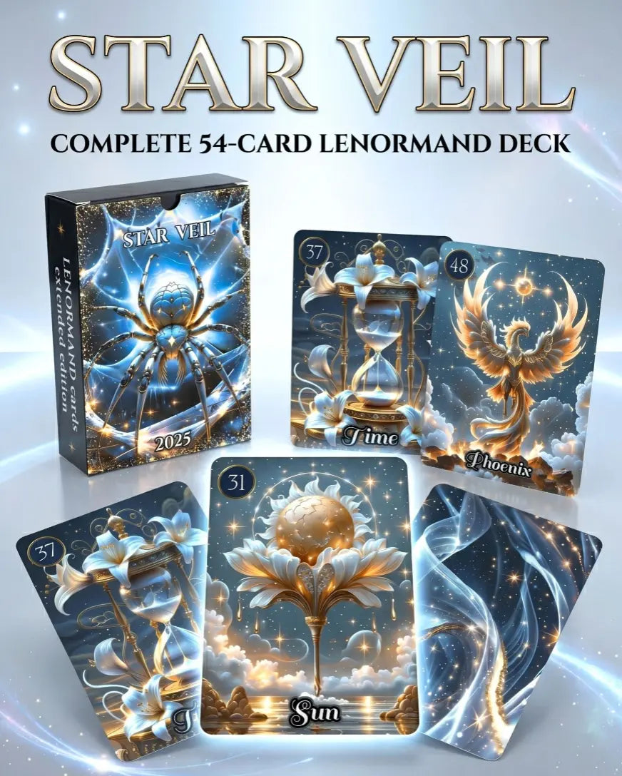 Star Veil Extended Lenormand 54 cards — Spider, Time, Phoenix bonus oracle cards with artisan box, handmade dark cartomancy deck MardocCraft