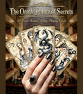 The Oracle Palace of Secrets fortune telling playing cards — hand holding 5 cards fan in baroque opera hall, gothic oracle deck MardocCraft