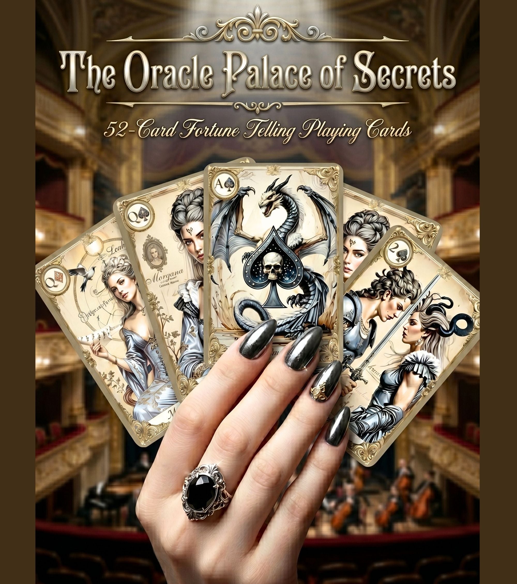 The Oracle Palace of Secrets fortune telling playing cards — hand holding 5 cards fan in baroque opera hall, gothic oracle deck MardocCraft