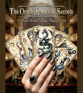 The Oracle Palace of Secrets fortune telling playing cards — hand holding 5 cards fan in baroque opera hall, gothic oracle deck MardocCraft
