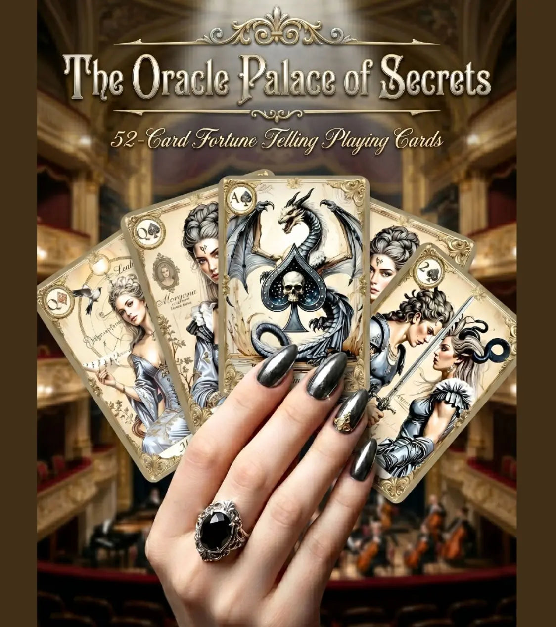 The Oracle Palace of Secrets fortune telling playing cards — hand holding 5 cards fan in baroque opera hall, gothic oracle deck MardocCraft