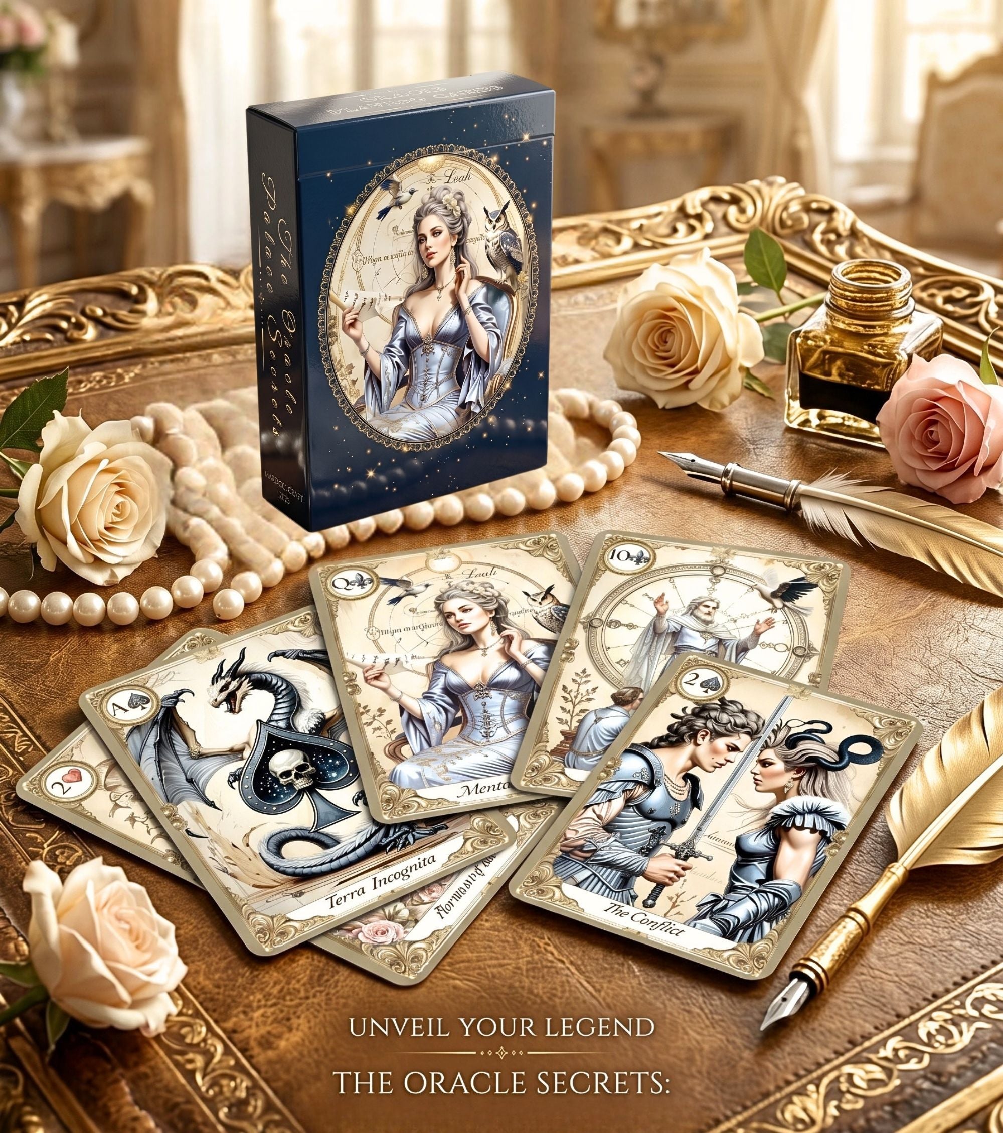 Oracle Palace of Secrets 52-card fortune telling playing cards — deck box and 5 cards spread on golden altar with roses and pearls, handmade gothic oracle