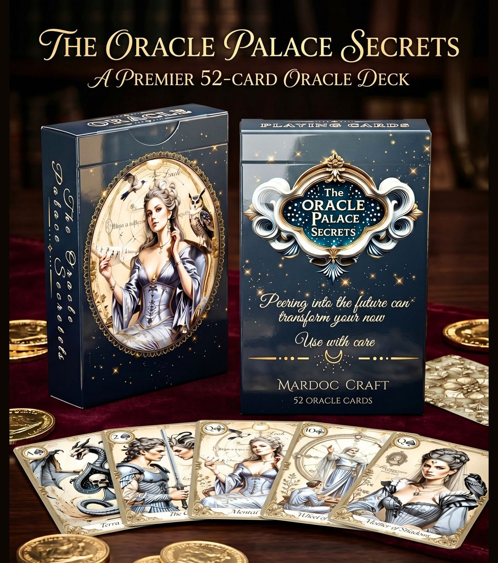 Oracle Palace of Secrets 52-card oracle deck — front and back box packaging with 6 playing cards spread on velvet, gothic cartomancy set MardocCraft