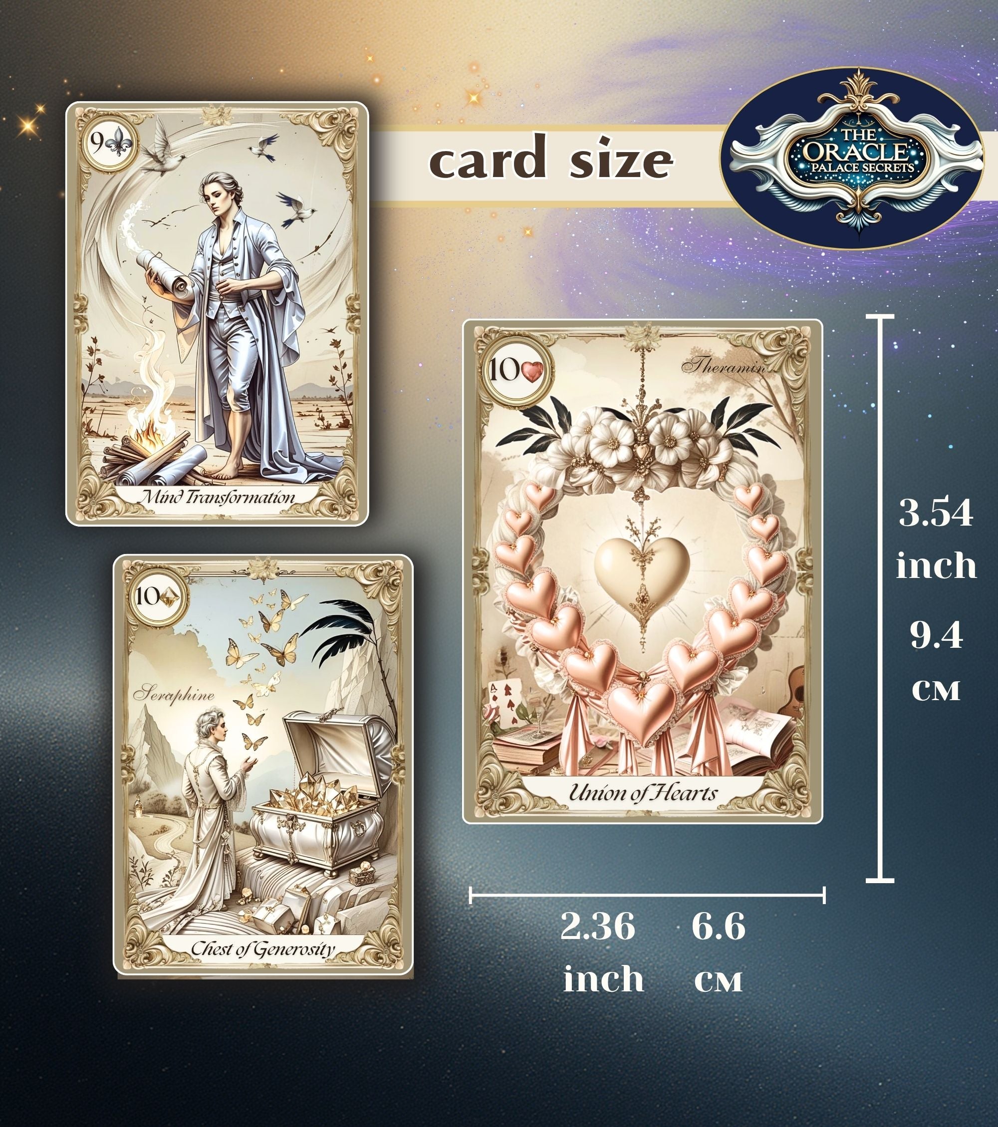 Oracle Palace of Secrets card size infographic — 3 playing cards showing dimensions 2.36x3.54 inch / 66x94mm, fortune telling deck specifications