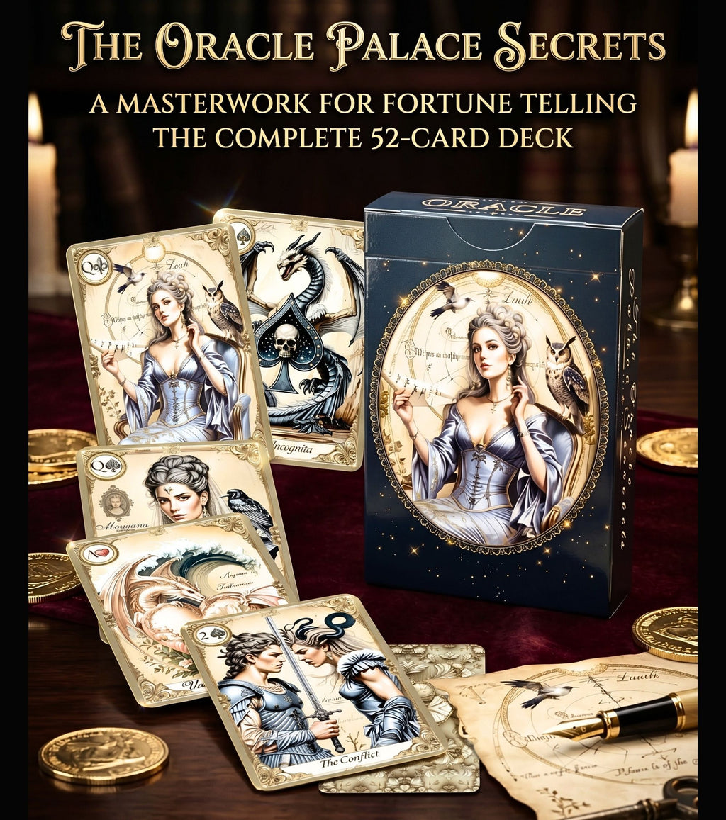 Oracle Palace of Secrets complete 52-card fortune telling deck — 5 illustrated playing cards with box on velvet among gold coins and parchment, handmade oracle