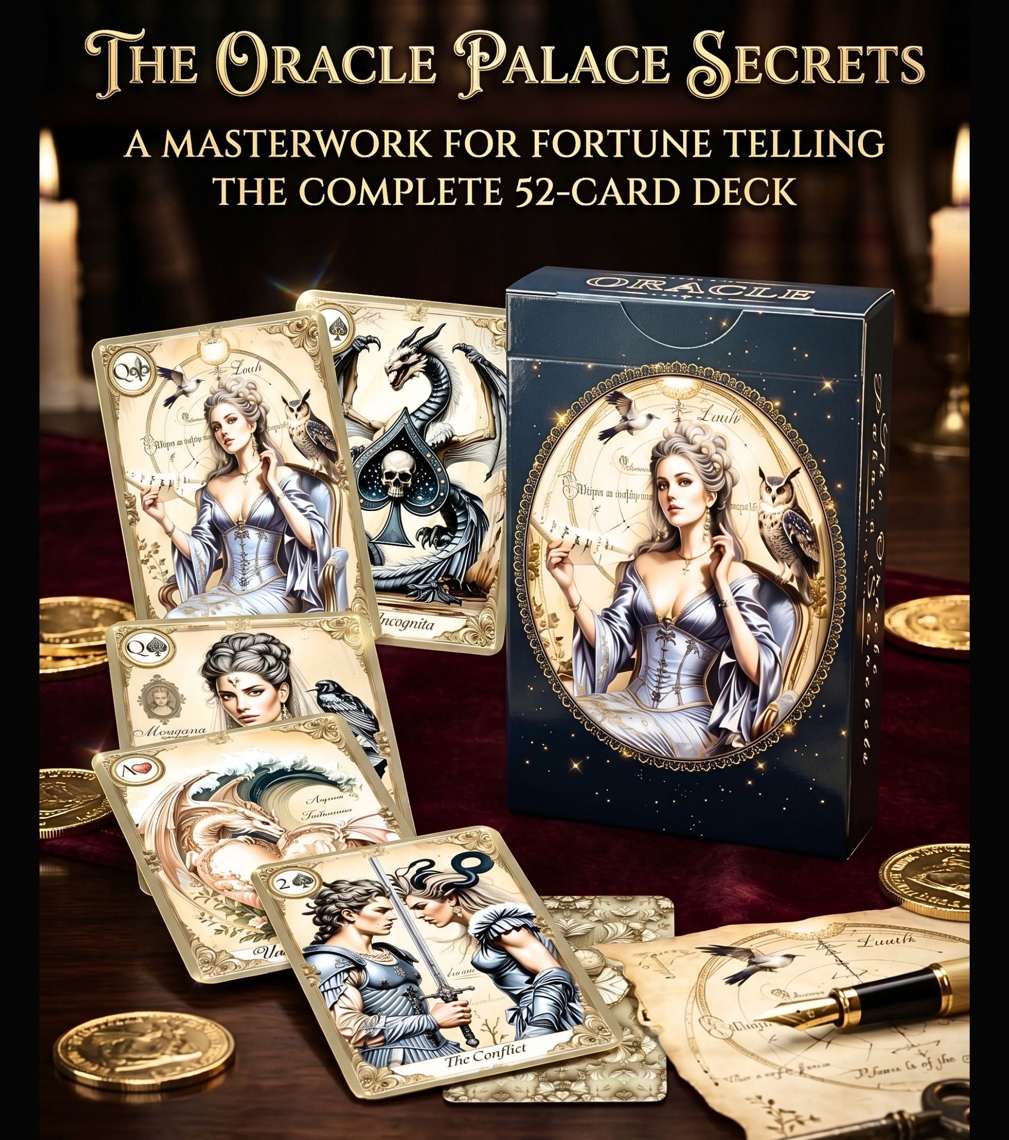 Oracle Palace of Secrets complete 52-card fortune telling deck — 5 illustrated playing cards with box on velvet among gold coins and parchment, handmade oracle