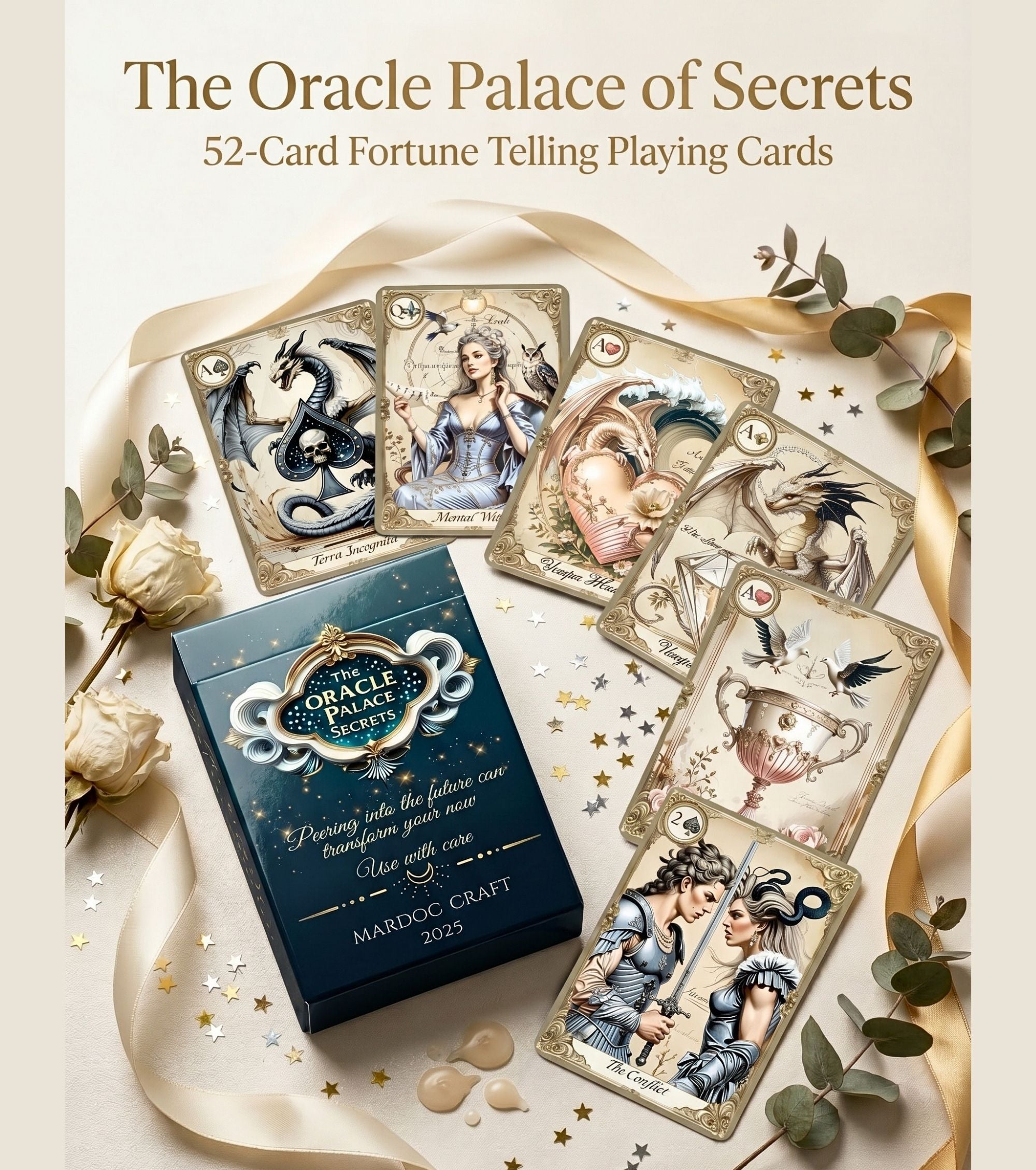 Oracle Palace of Secrets deck box with 7 fortune telling playing cards flat lay — cartomancy gift set with gold stars, ribbons and eucalyptus, MardocCraft