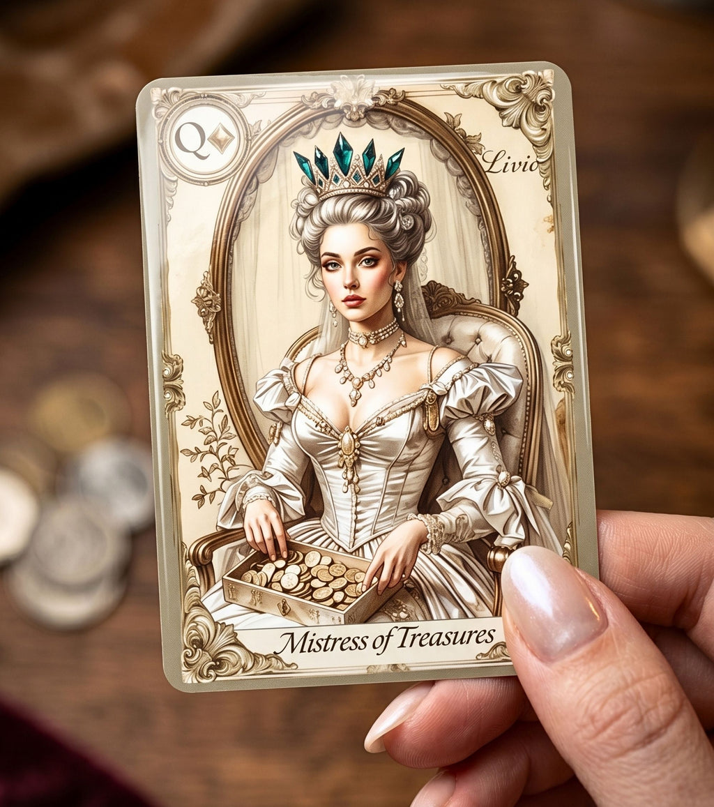 Oracle Palace of Secrets fortune telling playing cards — Queen of Diamonds Mistress of Treasures close-up, baroque illustration gothic oracle deck