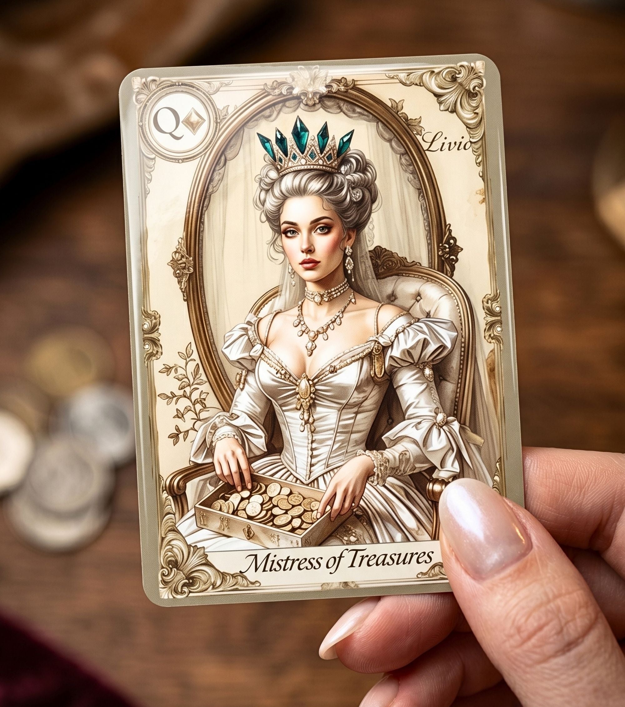 Oracle Palace of Secrets fortune telling playing cards — Queen of Diamonds Mistress of Treasures close-up, baroque illustration gothic oracle deck