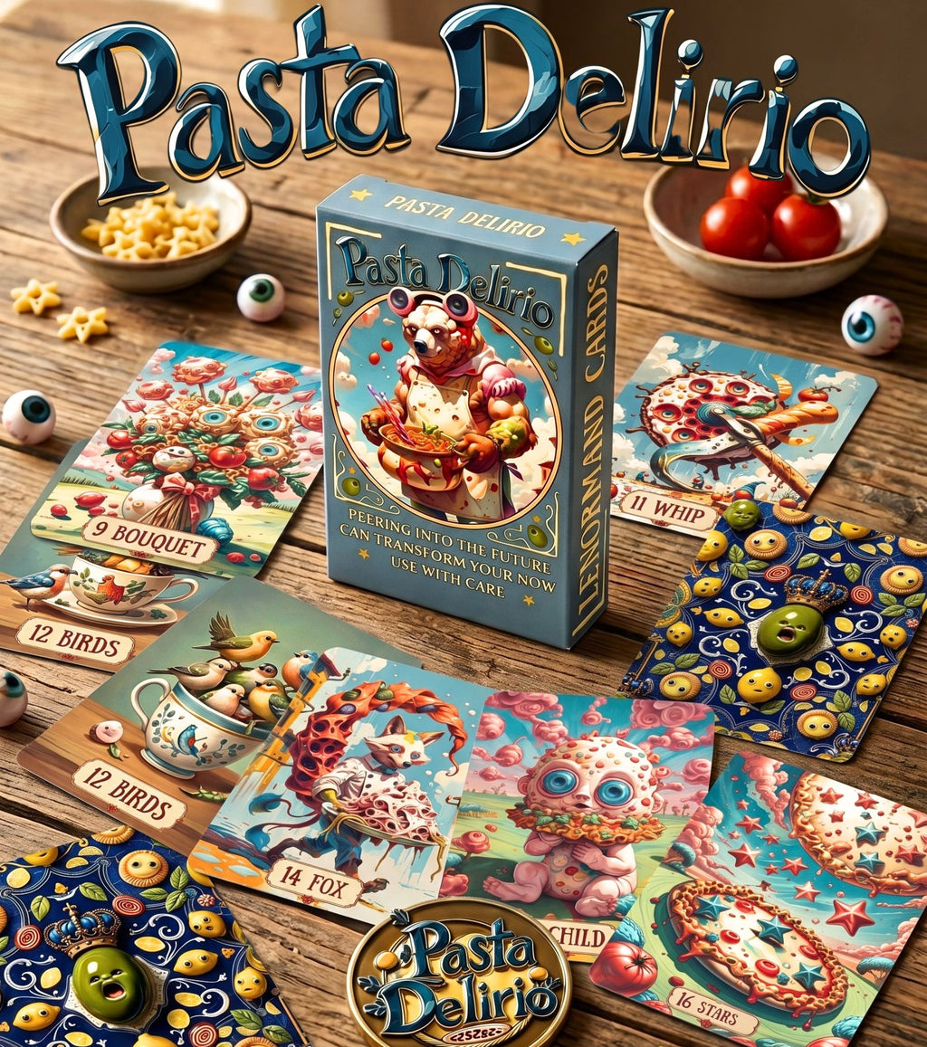 Pasta Delirio Lenormand deck box surrounded by a card spread — Bouquet, Whip, Birds, Fox, and Stars cards on a wooden table with tomatoes and pasta
