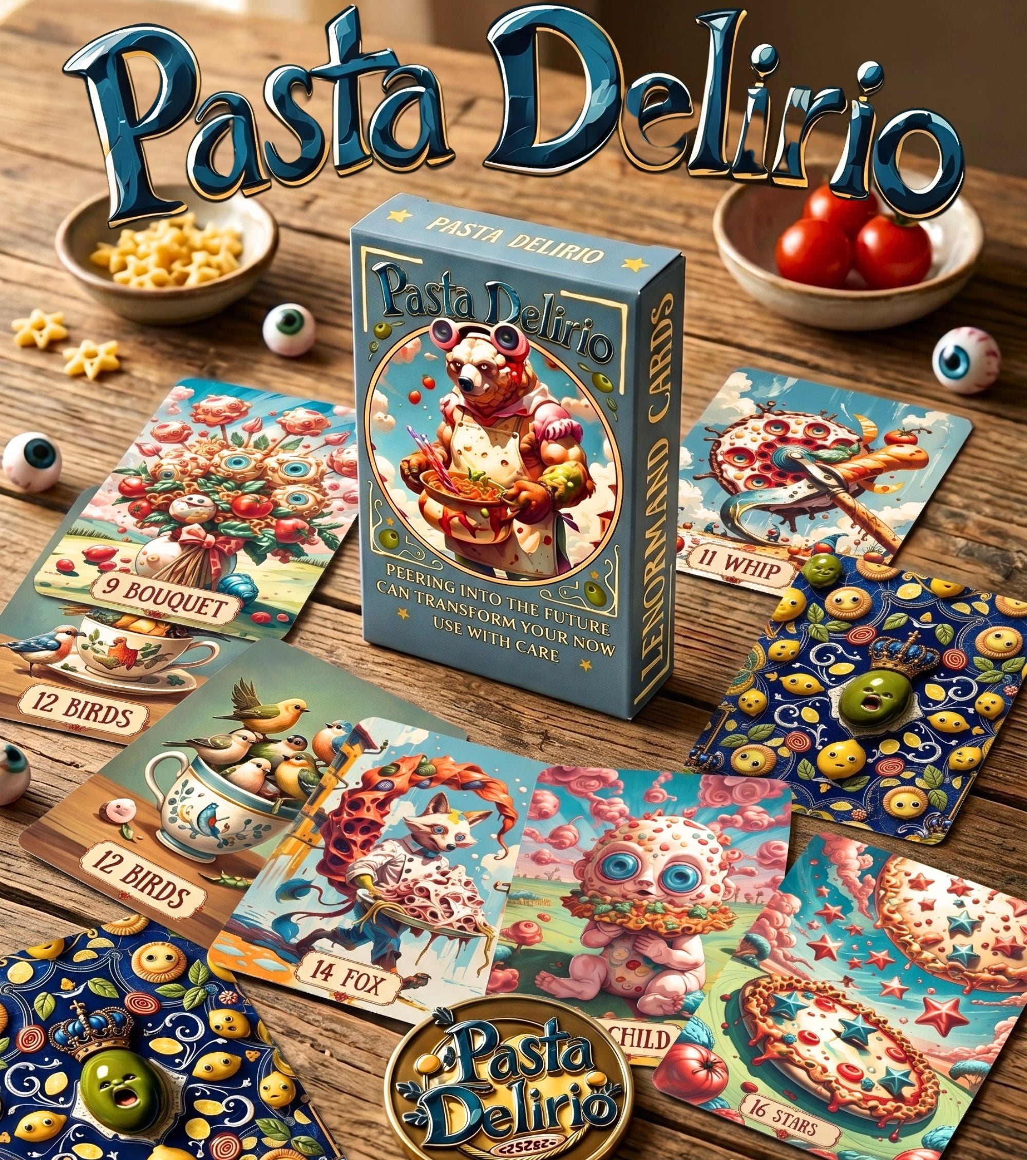 Pasta Delirio Lenormand deck box surrounded by a card spread — Bouquet, Whip, Birds, Fox, and Stars cards on a wooden table with tomatoes and pasta