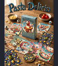 Pasta Delirio Lenormand deck box surrounded by a card spread — Bouquet, Whip, Birds, Fox, and Stars cards on a wooden table with tomatoes and pasta