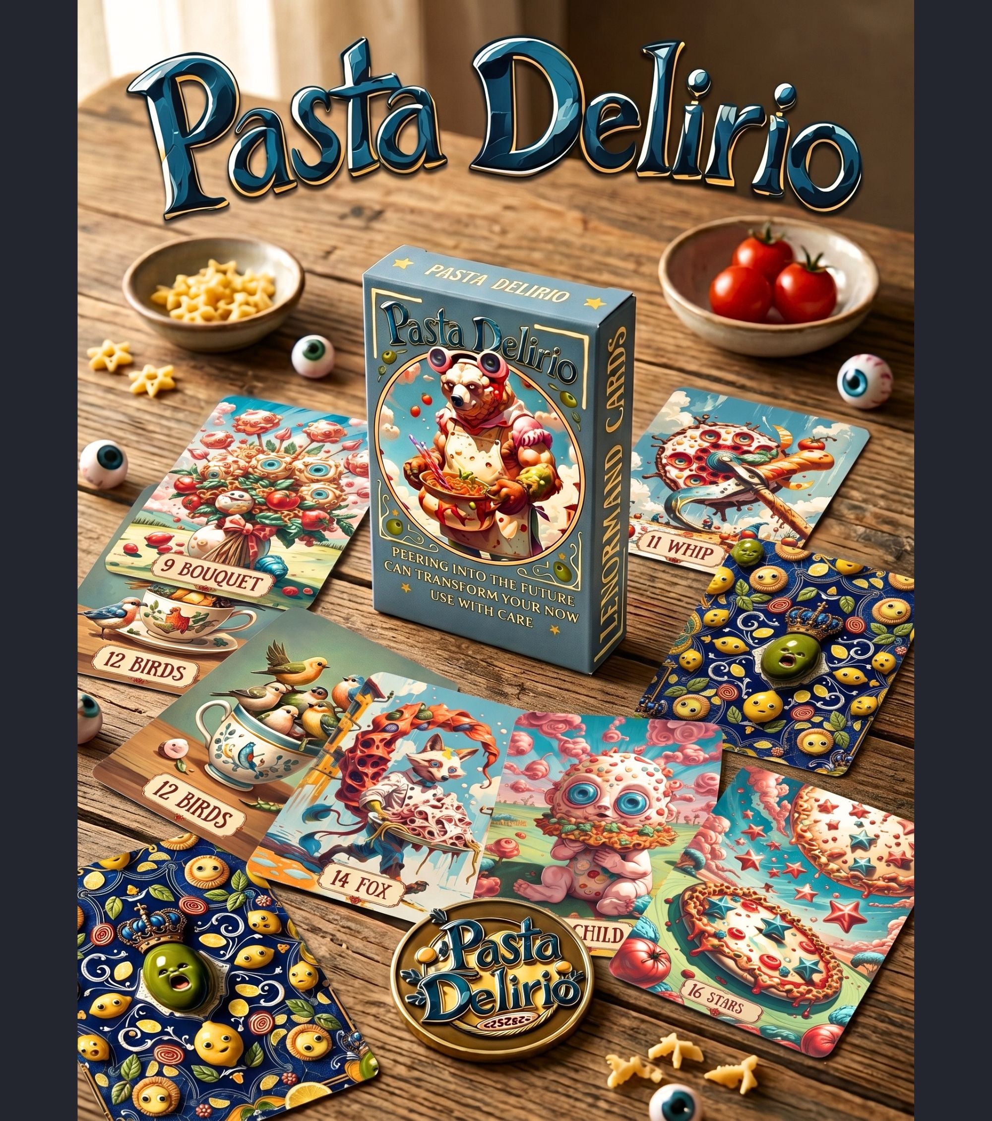 Pasta Delirio Lenormand deck box surrounded by a card spread — Bouquet, Whip, Birds, Fox, and Stars cards on a wooden table with tomatoes and pasta
