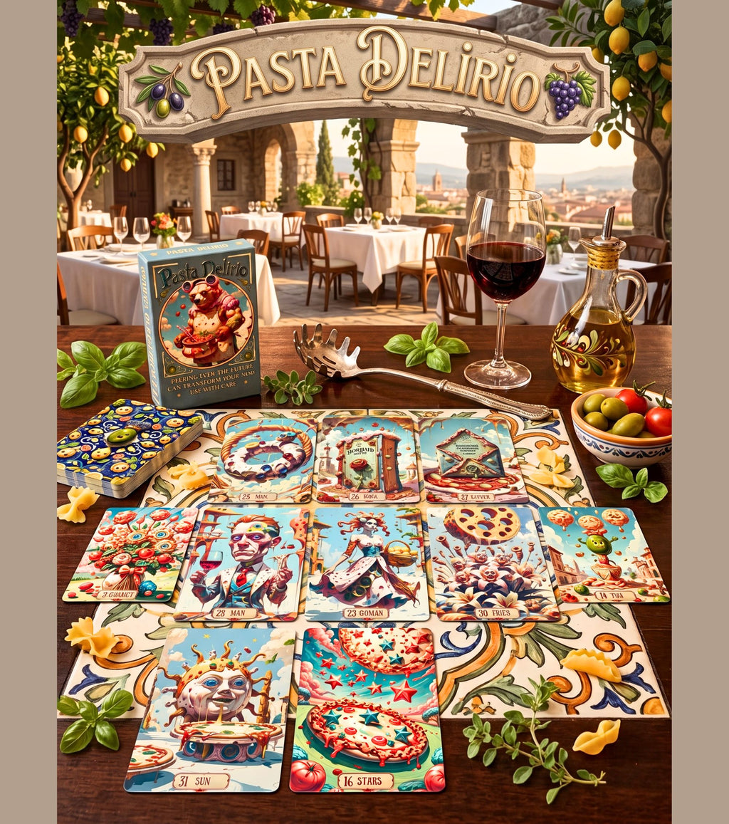 Pasta Delirio Lenormand oracle deck box and Grand Tableau card spread on an outdoor Italian terrace table with wine, olive oil, and basil