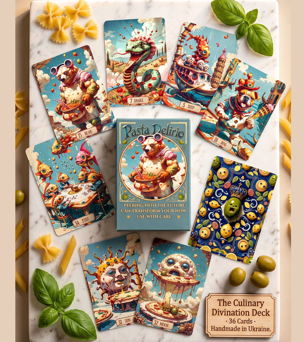Pasta Delirio handmade 36-card Lenormand oracle deck box and cartomancy card spread displayed on a marble surface for divination reading