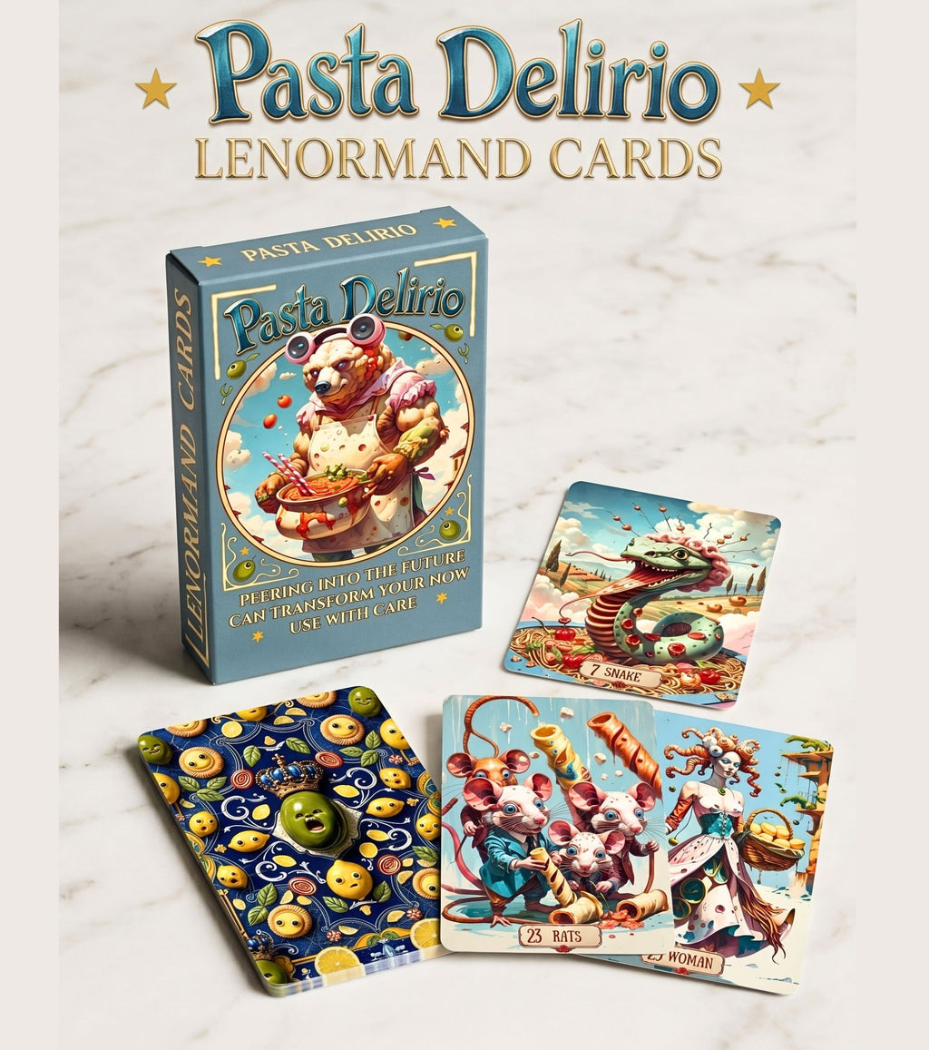 Pasta Delirio Lenormand box, majolica card back, and illustrated Snake and Rats cards on a white marble background.