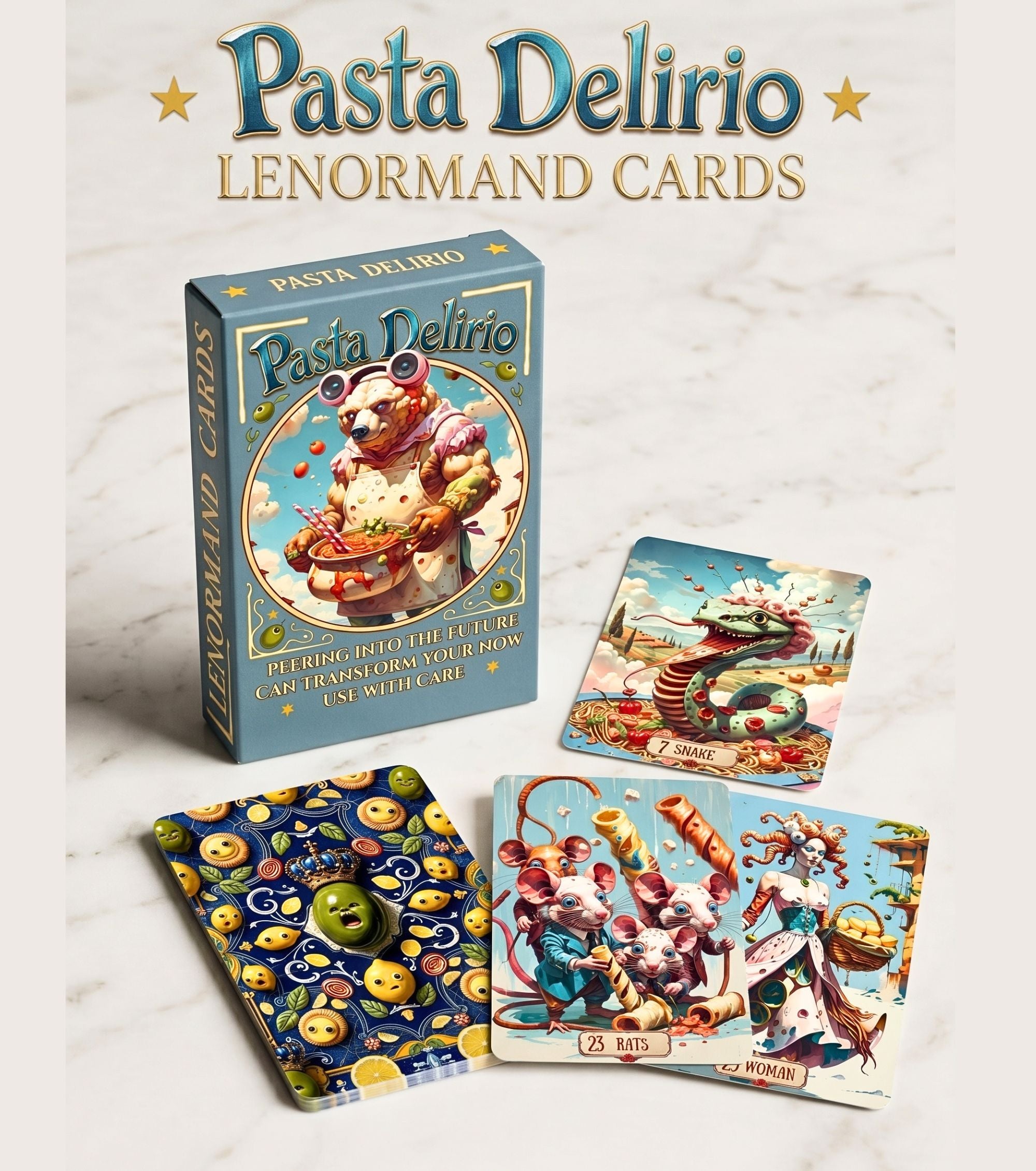 Pasta Delirio Lenormand box, majolica card back, and illustrated Snake and Rats cards on a white marble background.