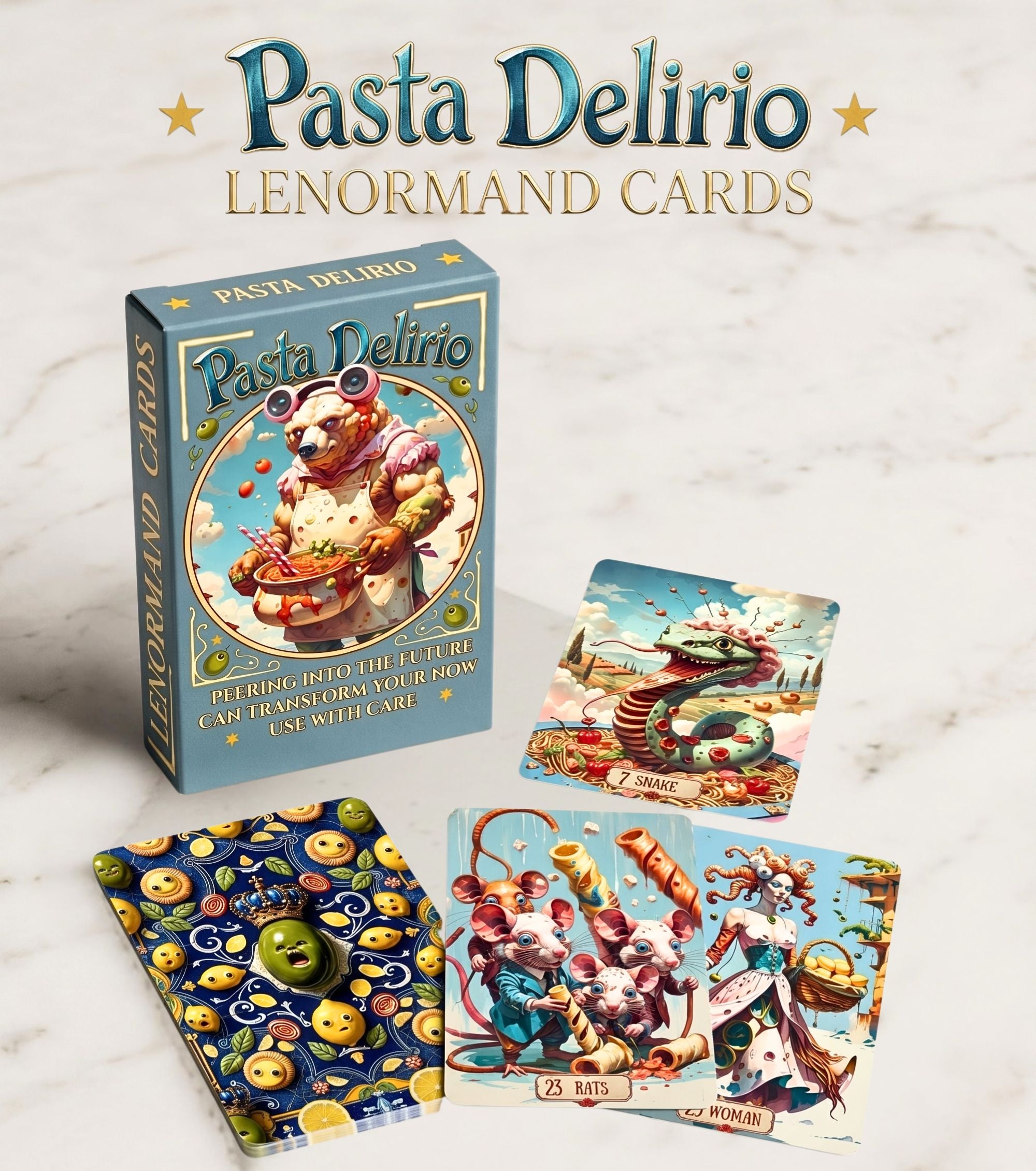 Pasta Delirio Lenormand box, majolica card back, and illustrated Snake and Rats cards on a white marble background.