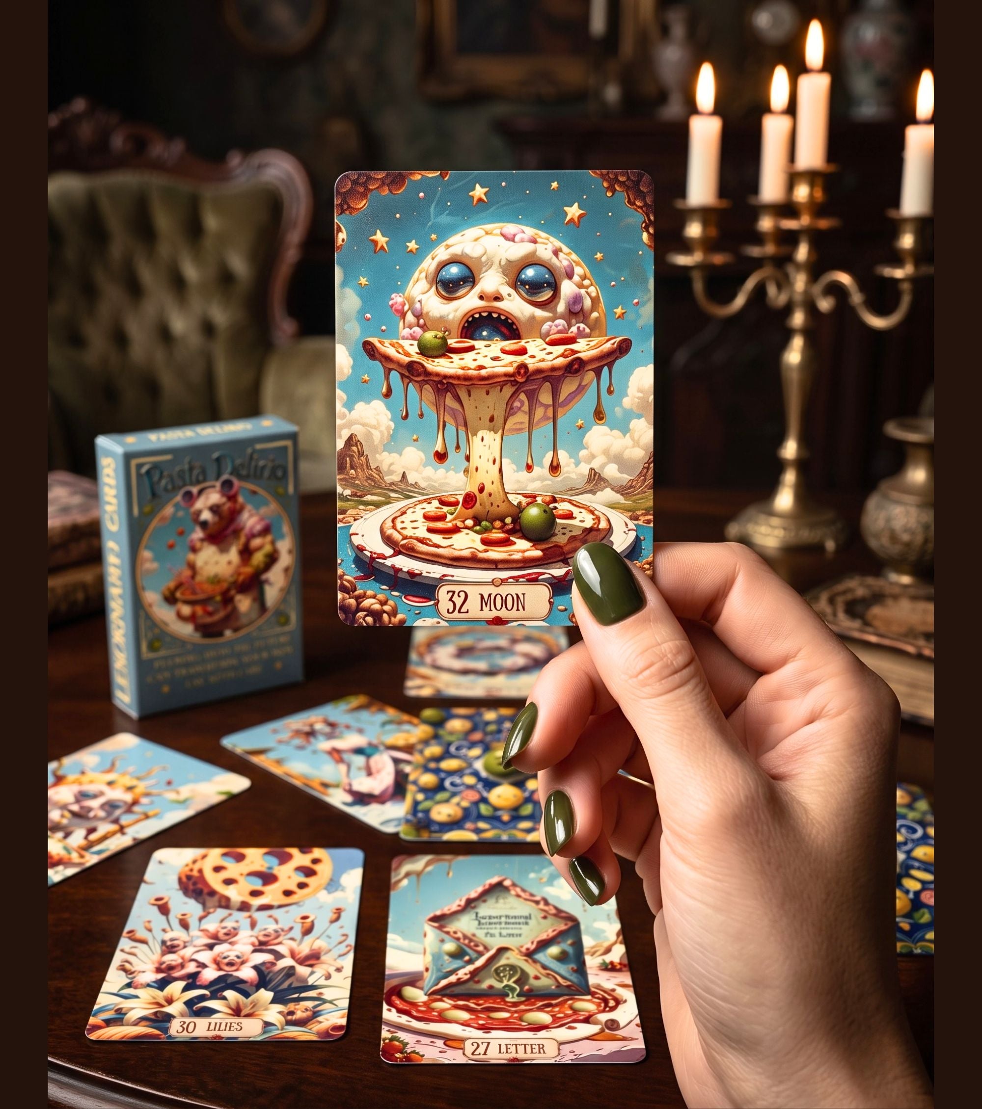Woman's hand holding Pasta Delirio Lenormand 32 Moon card over a candlelit cartomancy spread with a box background.