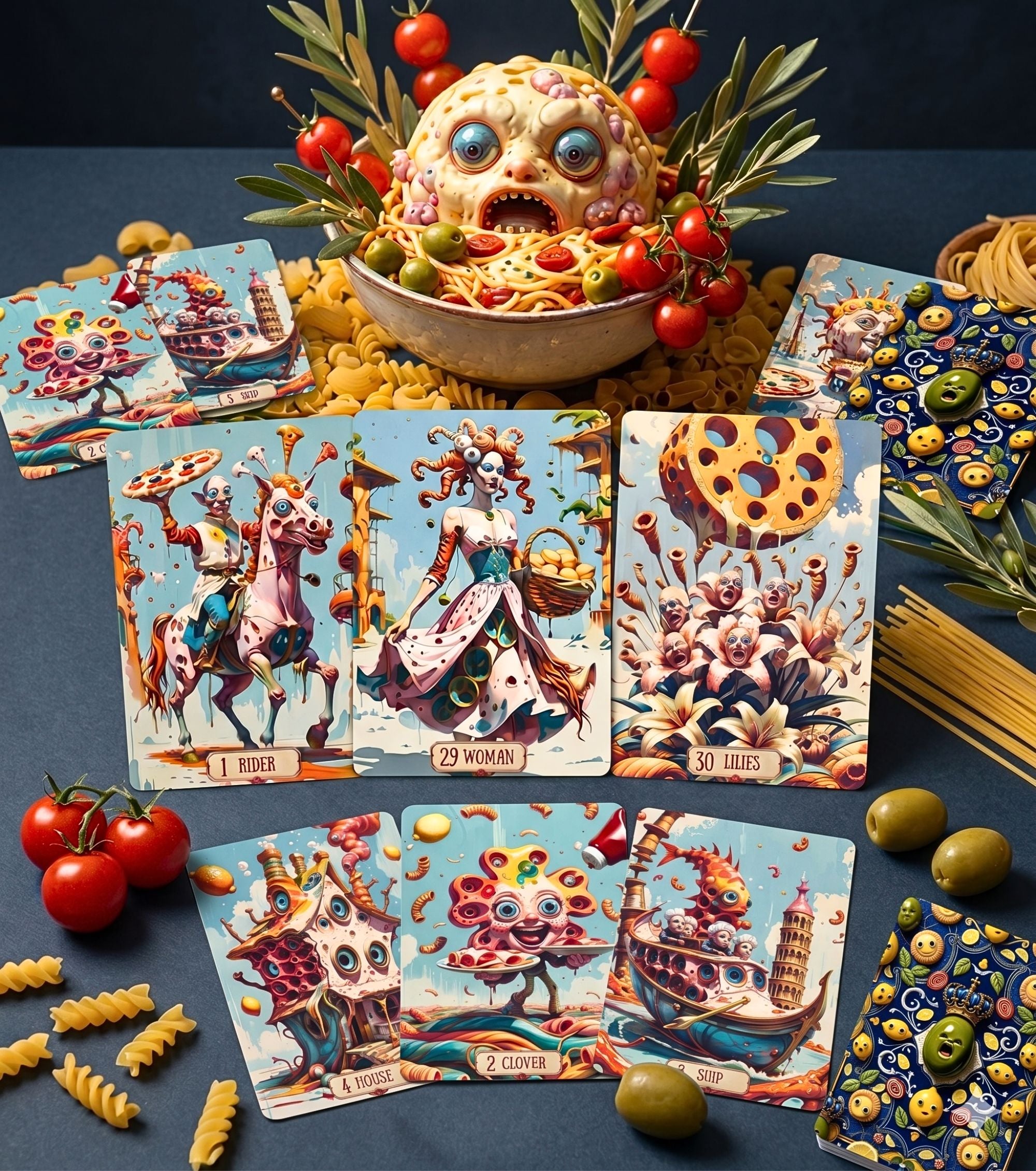 Surreal food-themed indie Lenormand deck showing detailed pasta and pizza art cards alongside fresh tomatoes, olives, and spaghetti.