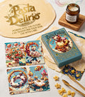 Pasta Delirio indie Lenormand deck and box with surreal food art divination cards, styled on fresh dough beside a lit ritual candle.
