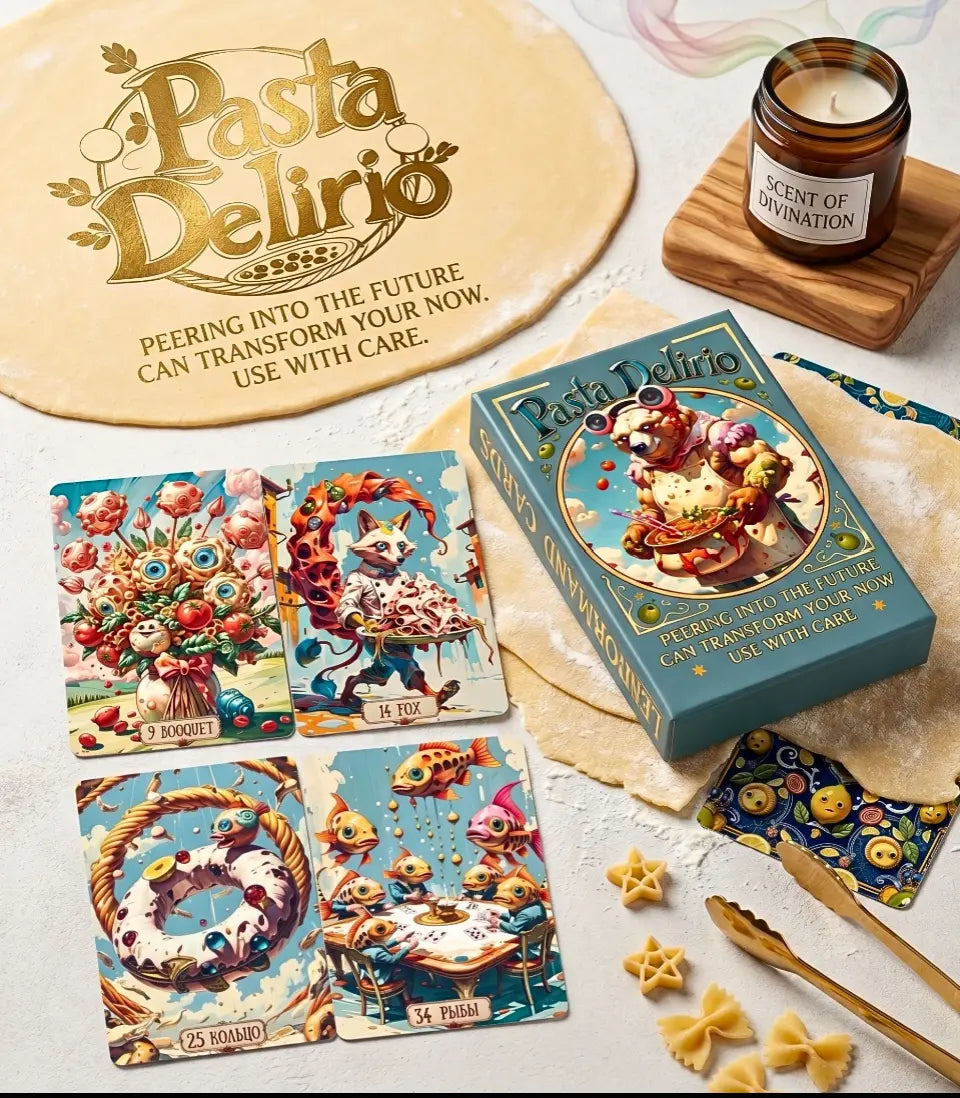 Pasta Delirio indie Lenormand deck and box with surreal food art divination cards, styled on fresh dough beside a lit ritual candle.