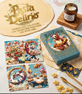 Pasta Delirio indie Lenormand deck and box with surreal food art divination cards, styled on fresh dough beside a lit ritual candle.