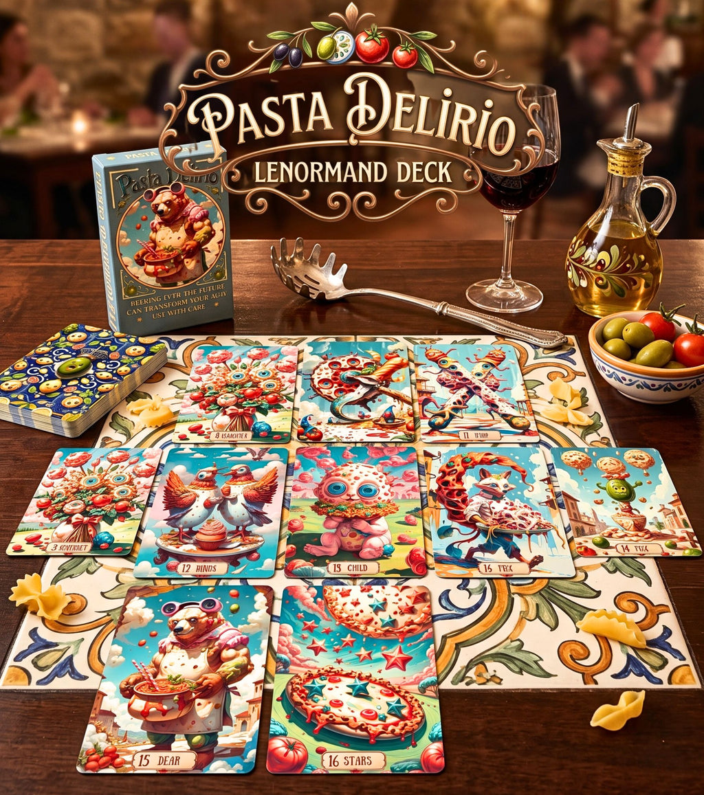 Pasta Delirio indie Lenormand deck cards spread on a table alongside red wine and olives, featuring surreal food art divination.