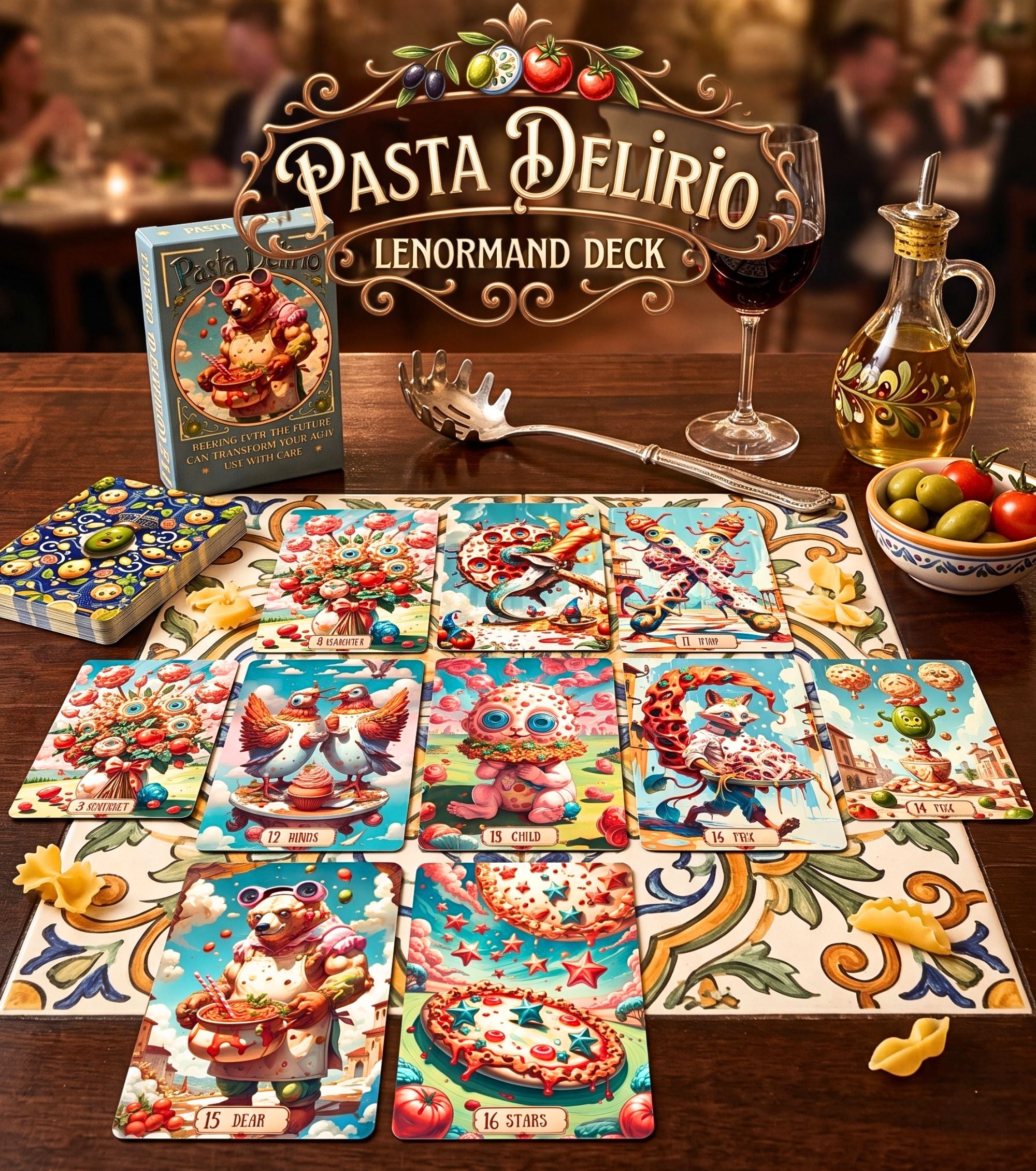 Pasta Delirio indie Lenormand deck cards spread on a table alongside red wine and olives, featuring surreal food art divination.