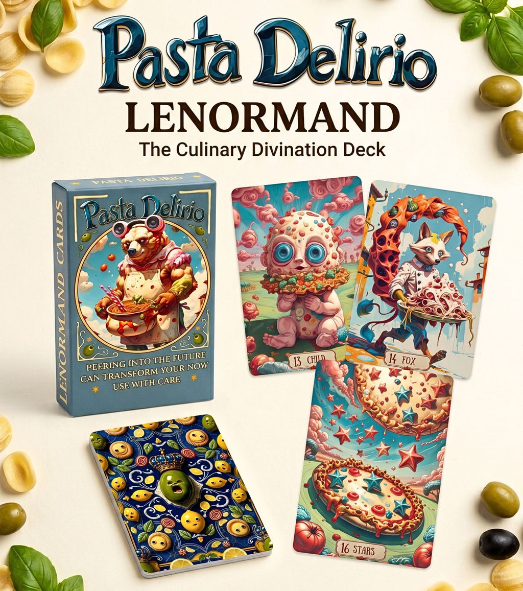 Pasta Delirio indie Lenormand deck and surreal food oracle cards displayed with basil, pasta, and olives for kitchen witch decor.