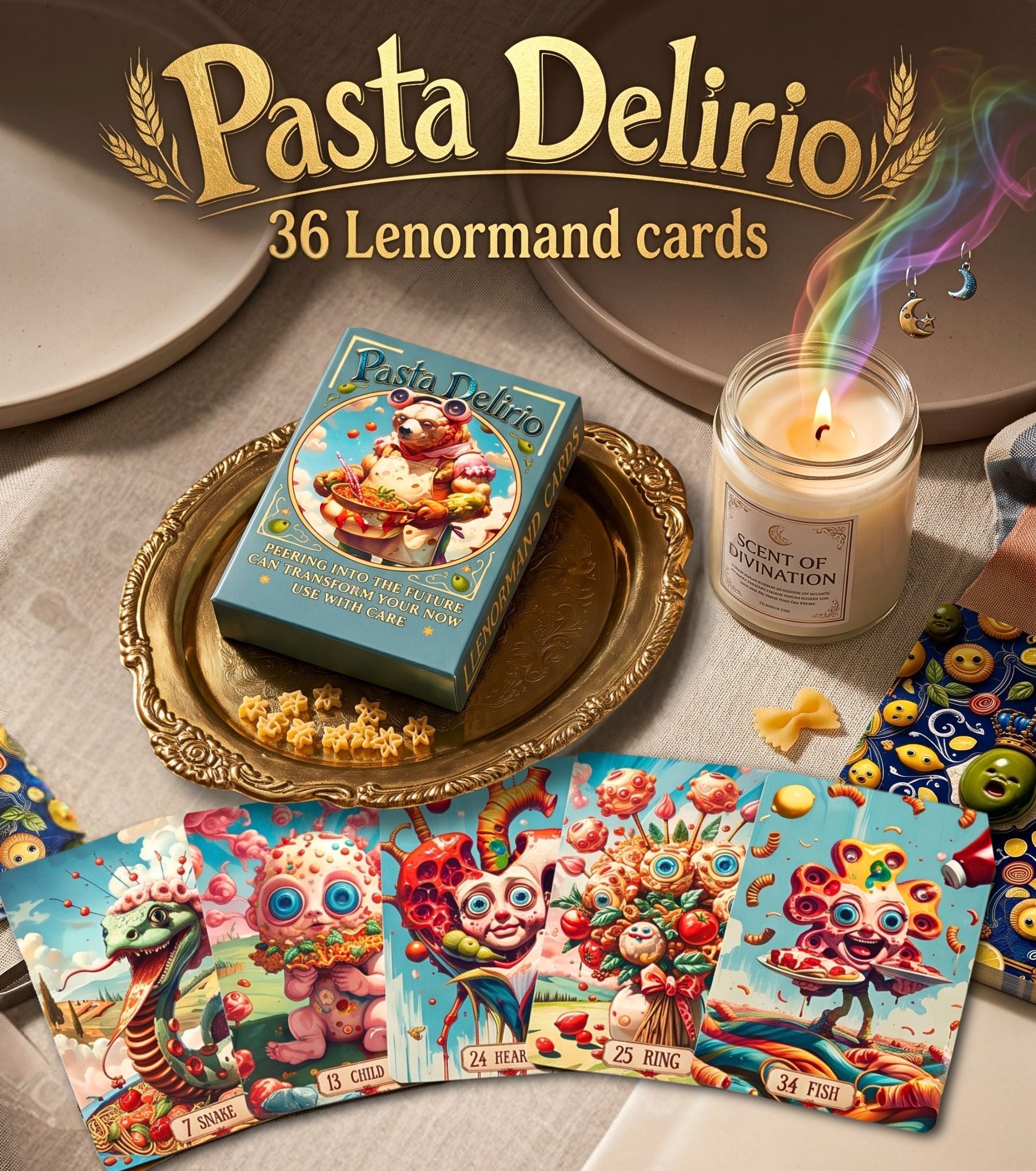 Pasta Delirio indie Lenormand deck box and surreal food oracle cards on an altar setup with a lit divination candle and gold tray.