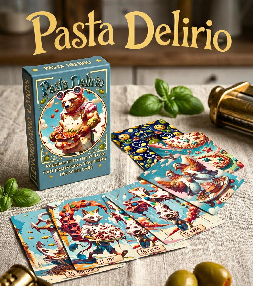 Pasta Delirio indie Lenormand deck box and surreal food oracle cards fanned on linen with fresh basil, olives and a pasta maker.