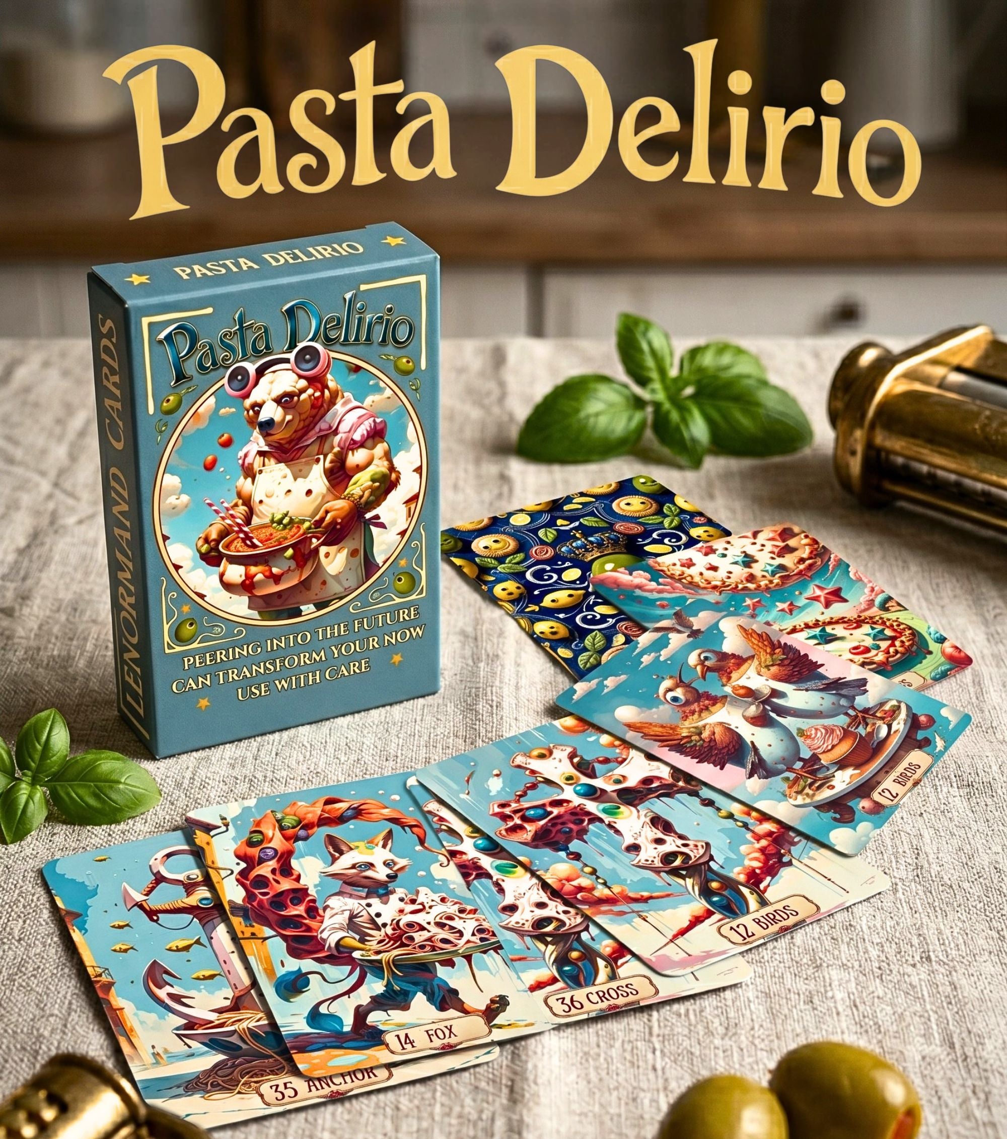 Pasta Delirio indie Lenormand deck box and surreal food oracle cards fanned on linen with fresh basil, olives and a pasta maker.