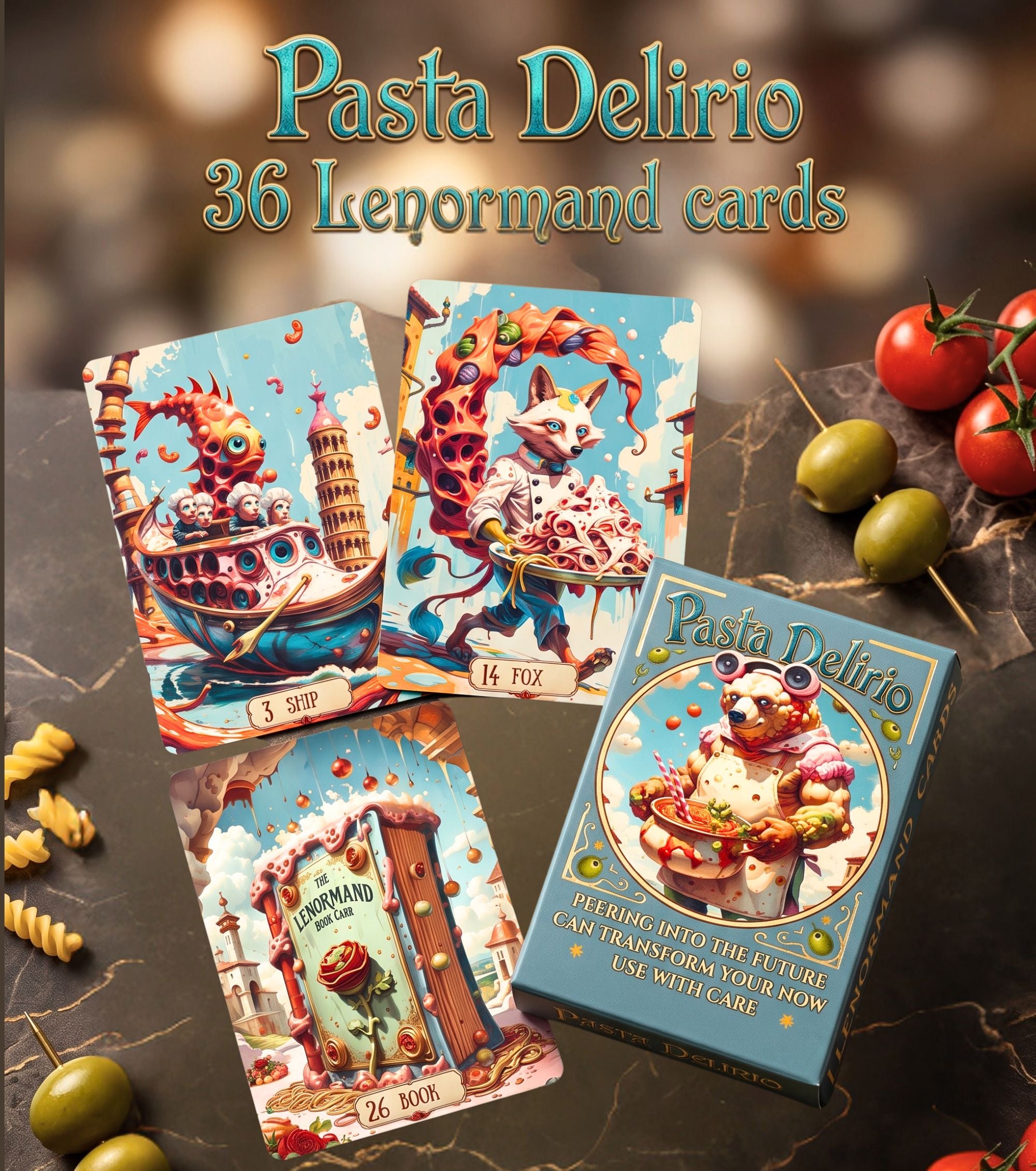 Pasta Delirio indie Lenormand deck box and surreal food oracle cards arranged on dark marble with cherry tomatoes, olives and pasta.
