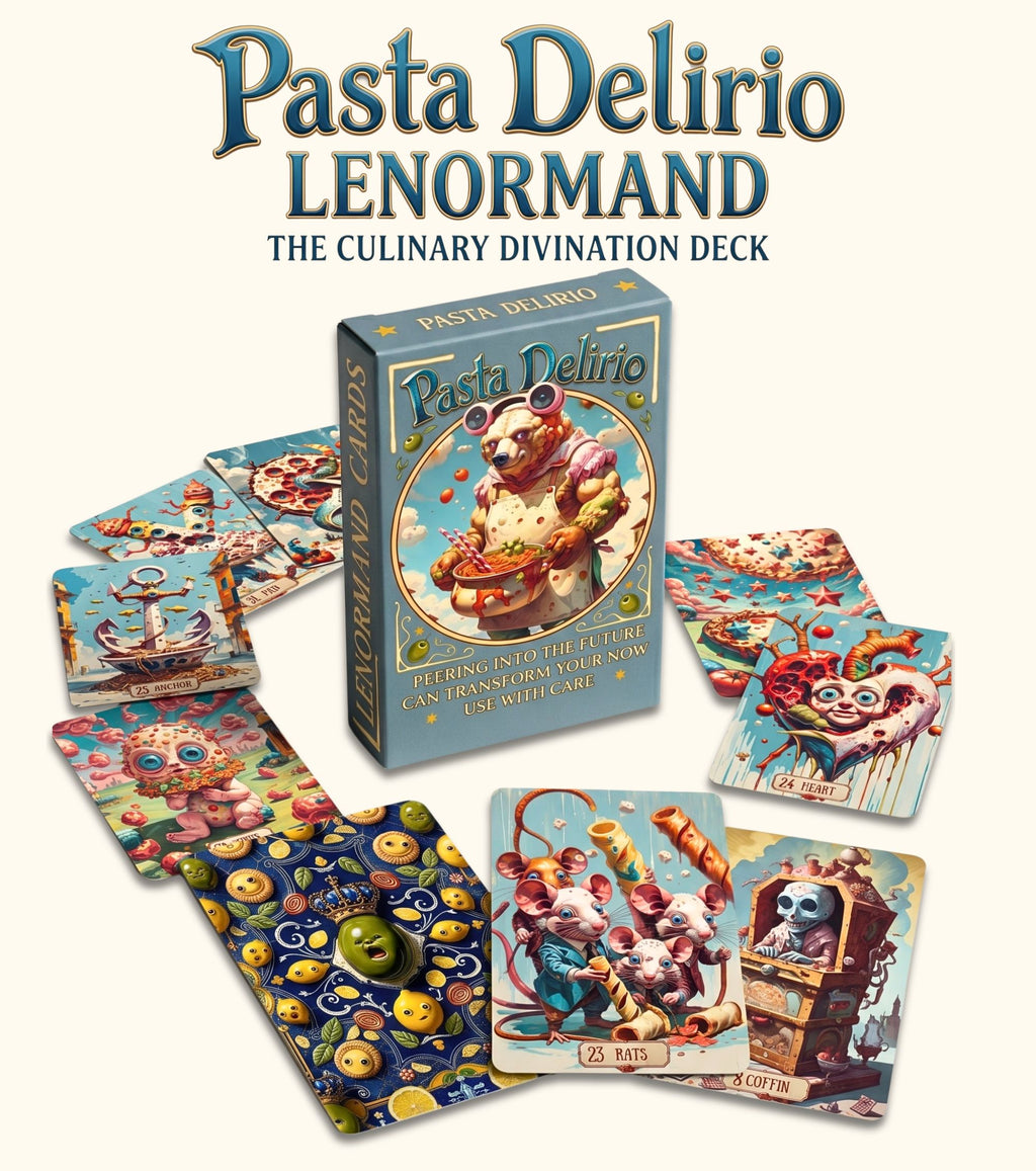 Pasta Delirio indie Lenormand deck box and surreal food oracle cards arranged on a white marble surface with pasta and green olives.