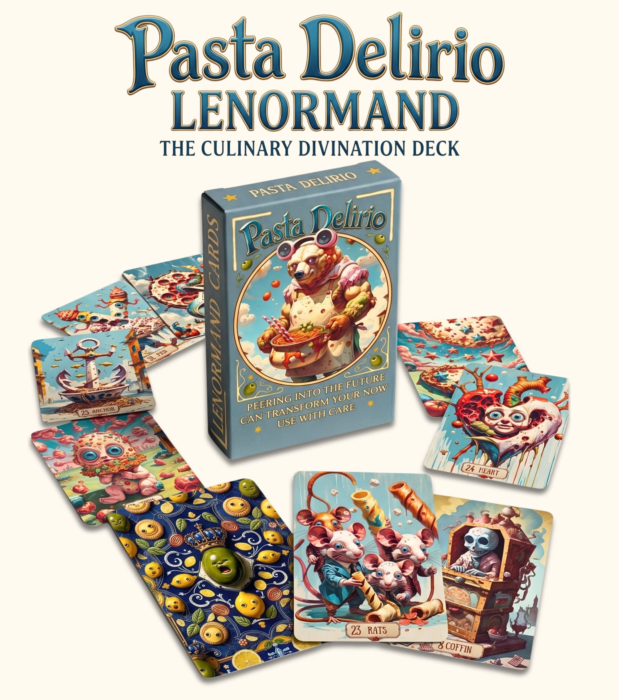 Pasta Delirio indie Lenormand deck box and surreal food oracle cards arranged on a white marble surface with pasta and green olives.