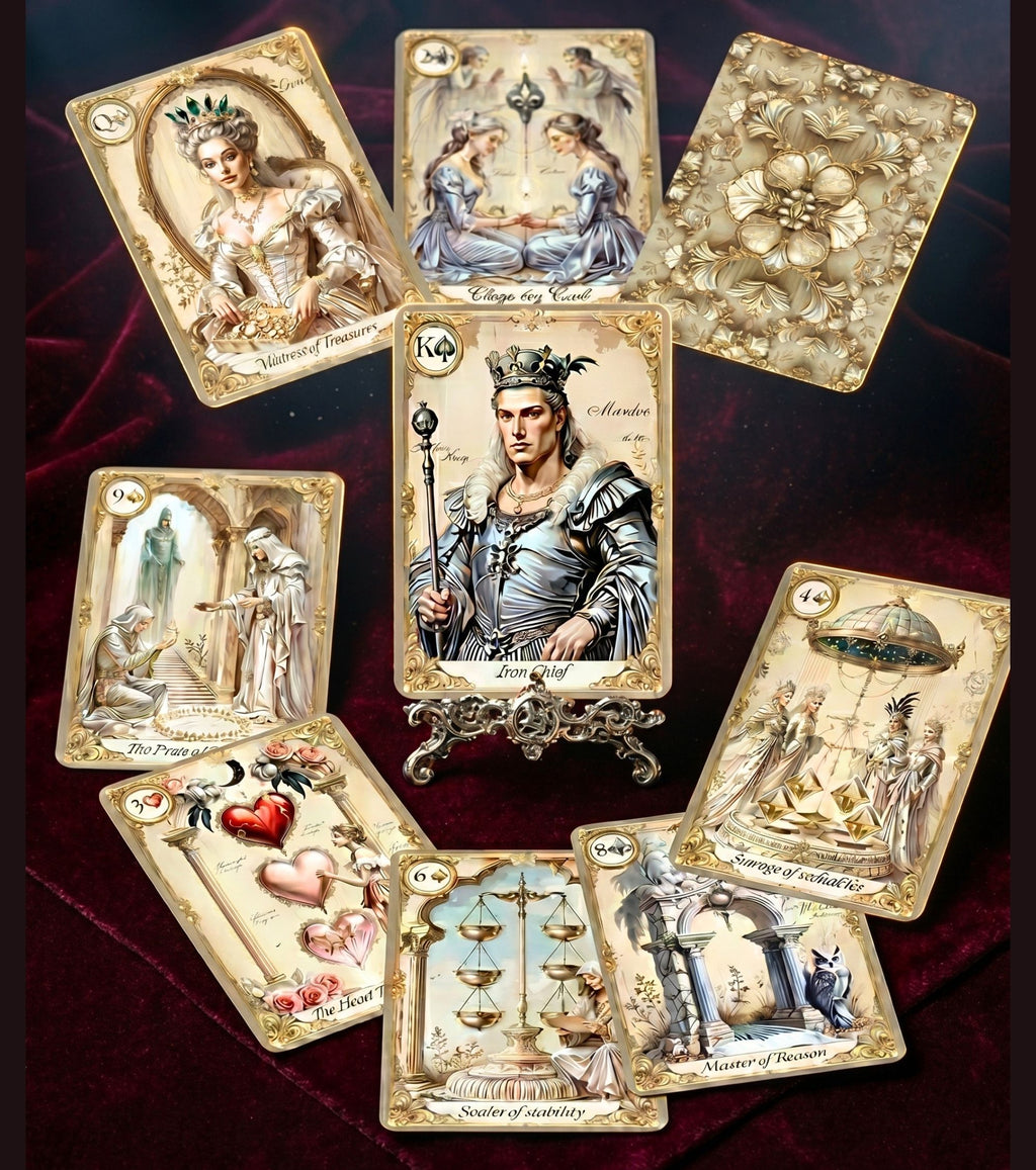 Oracle Palace of Secrets 9 cards arranged around King of Spades on decorative stand — baroque figure and suit illustrations on deep red velvet, cartomancy deck