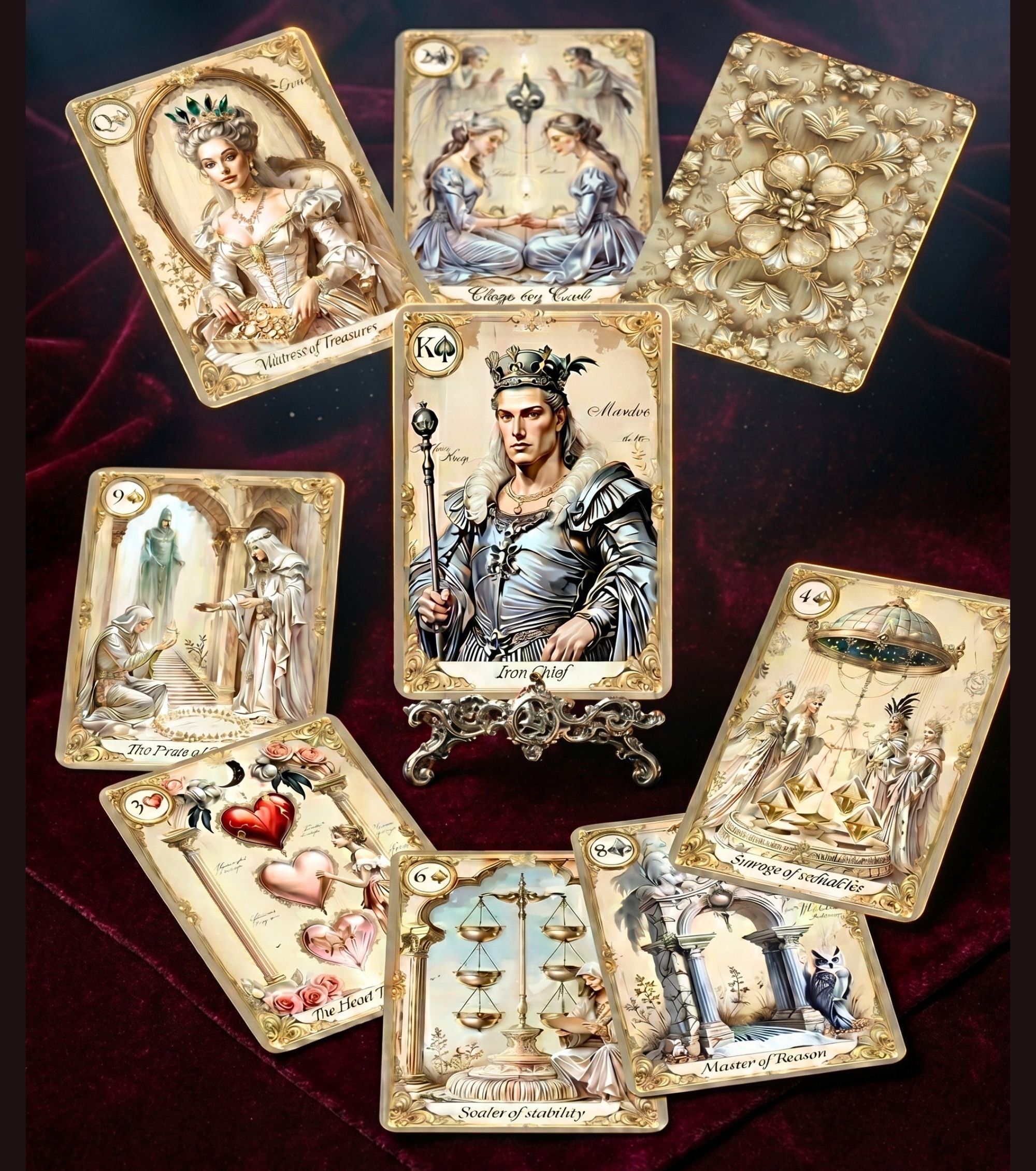 Oracle Palace of Secrets 9 cards arranged around King of Spades on decorative stand — baroque figure and suit illustrations on deep red velvet, cartomancy deck