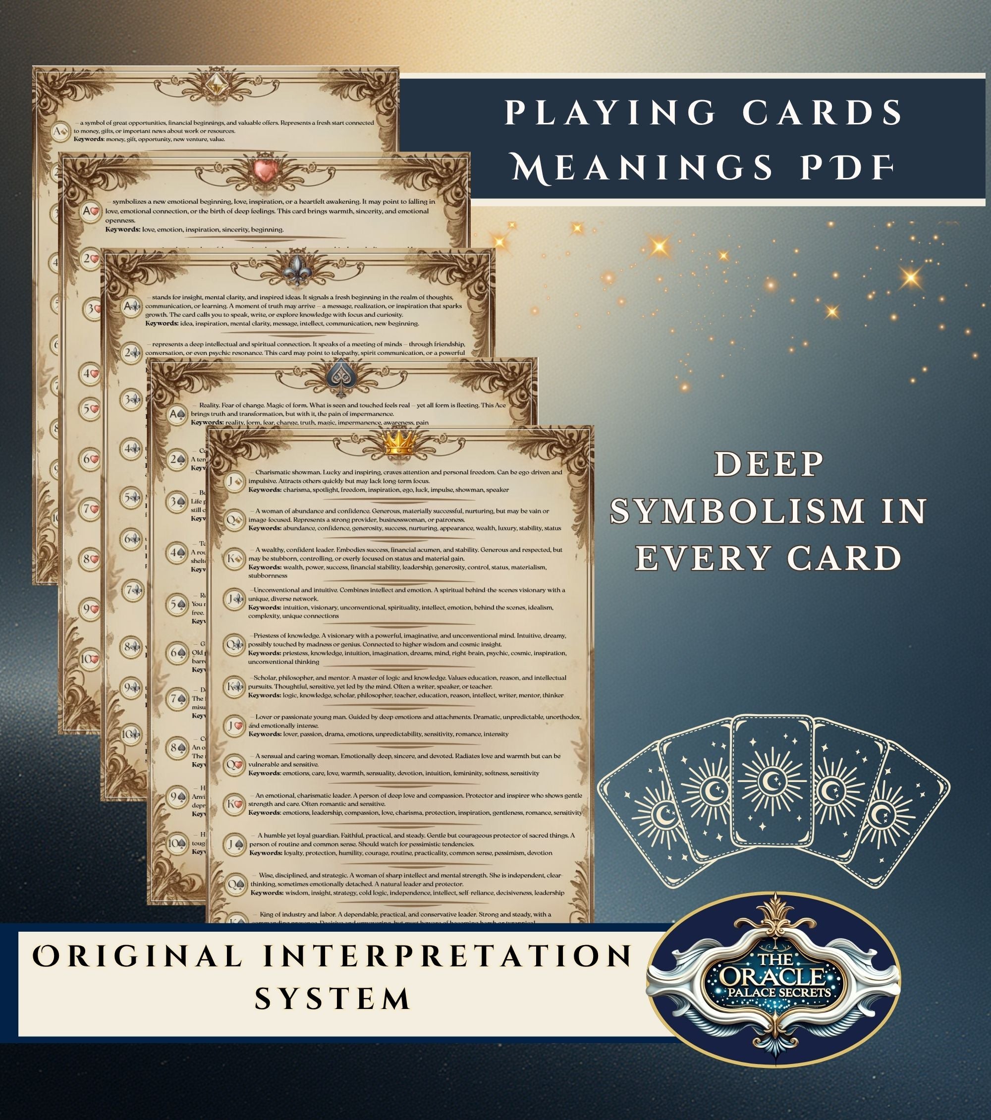 Oracle Palace of Secrets playing cards meanings PDF guidebook — stacked pages with card symbolism and keywords, original interpretation system for fortune telling