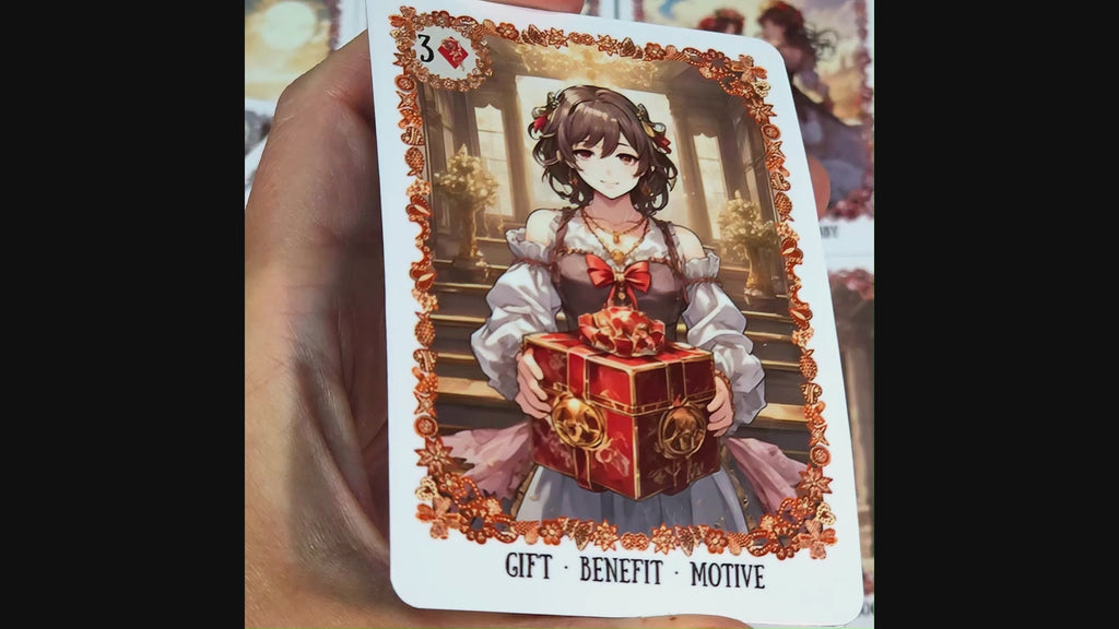 Handmade divination card closeup — manga character art with printed keywords, love oracle reading