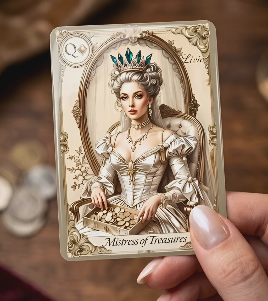 Mistress of Treasures card held in hand showing glossy lamination finish — premium 250gsm cardstock shine detail, Oracle Palace of Secrets playing cards