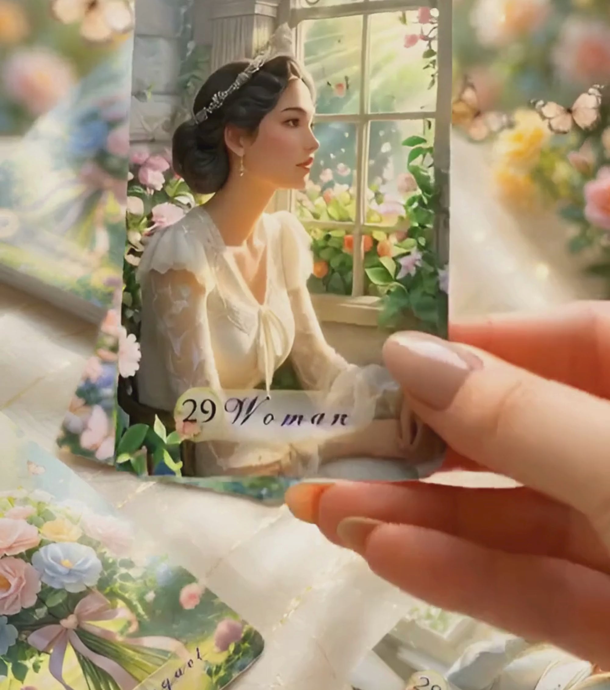 Close-up of Serenity Lenormand card "Woman" showing premium glossy lamination and smooth edges. The video demonstrates the high-quality finish of handmade oracle cards by MardocCraft Laboratory, made in Ukraine. Soft floral aesthetic with golden sunlight reflections
