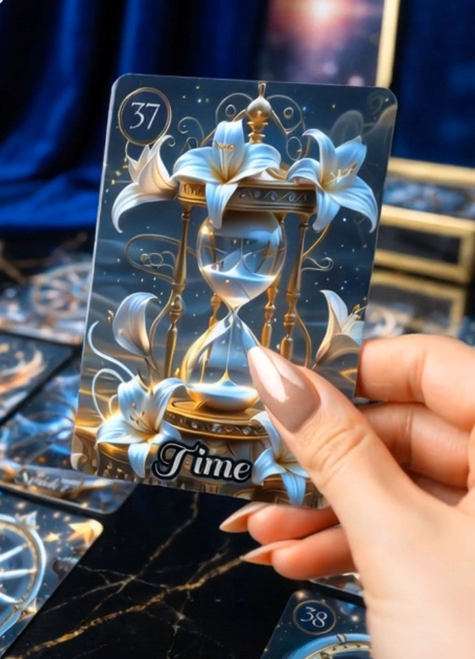 Star Veil Extended Lenormand glossy lamination close-up — Time and Phoenix bonus oracle cards, anti-static finish, handmade cartomancy MardocCraft