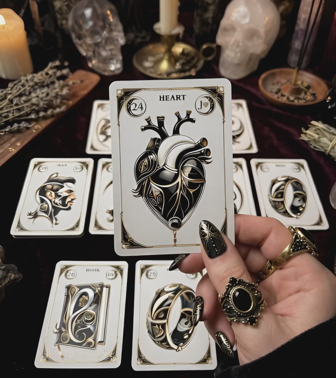 Close-up video of Heart card held up showing glossy lamination shine on gothic Lenormand noir oracle deck