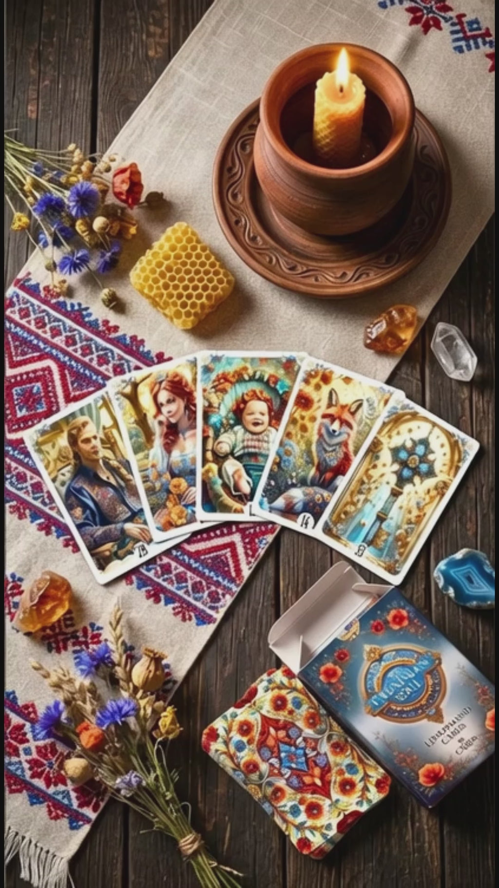 Video showcasing the Ukrainian Soul Lenormand deck cards fanned out on a rustic wooden table. The magical aesthetic is enhanced by a traditional embroidered cloth, dried wildflowers, a lit beeswax candle, honeycomb, and natural crystals