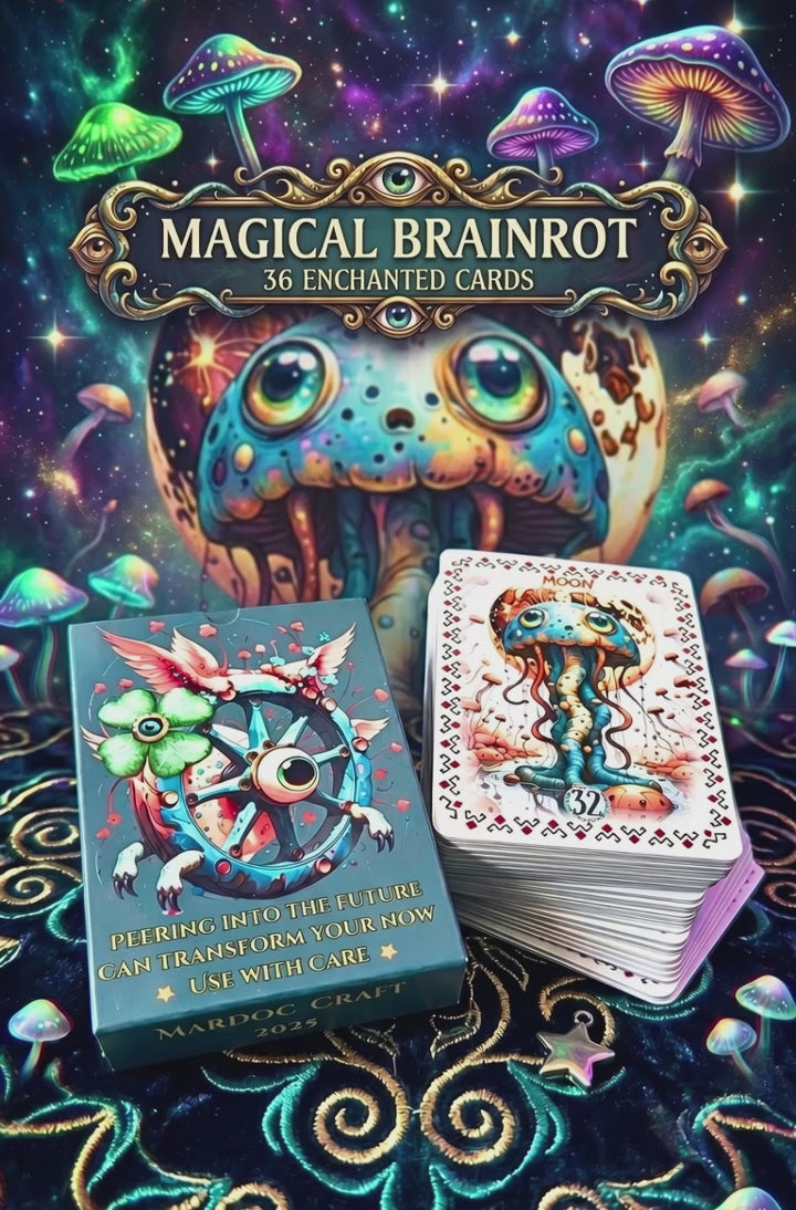 Animated preview of Magical Brainrot Lenormand surreal oracle deck — 36 enchanted cards psychedelic mushroom aesthetic trippy divination handmade