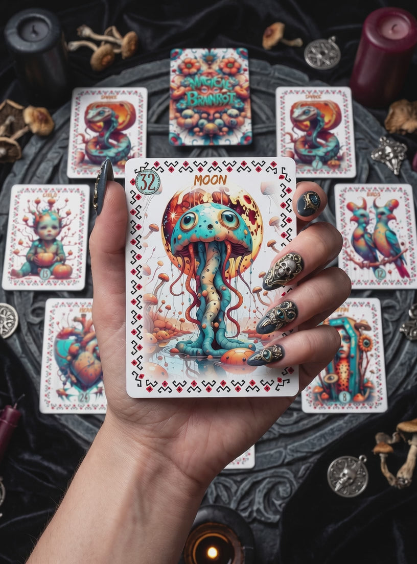 Hand holding Moon card Lenormand — Magical Brainrot trippy jellyfish oracle, cards spread on dark witchy altar tray with mushrooms