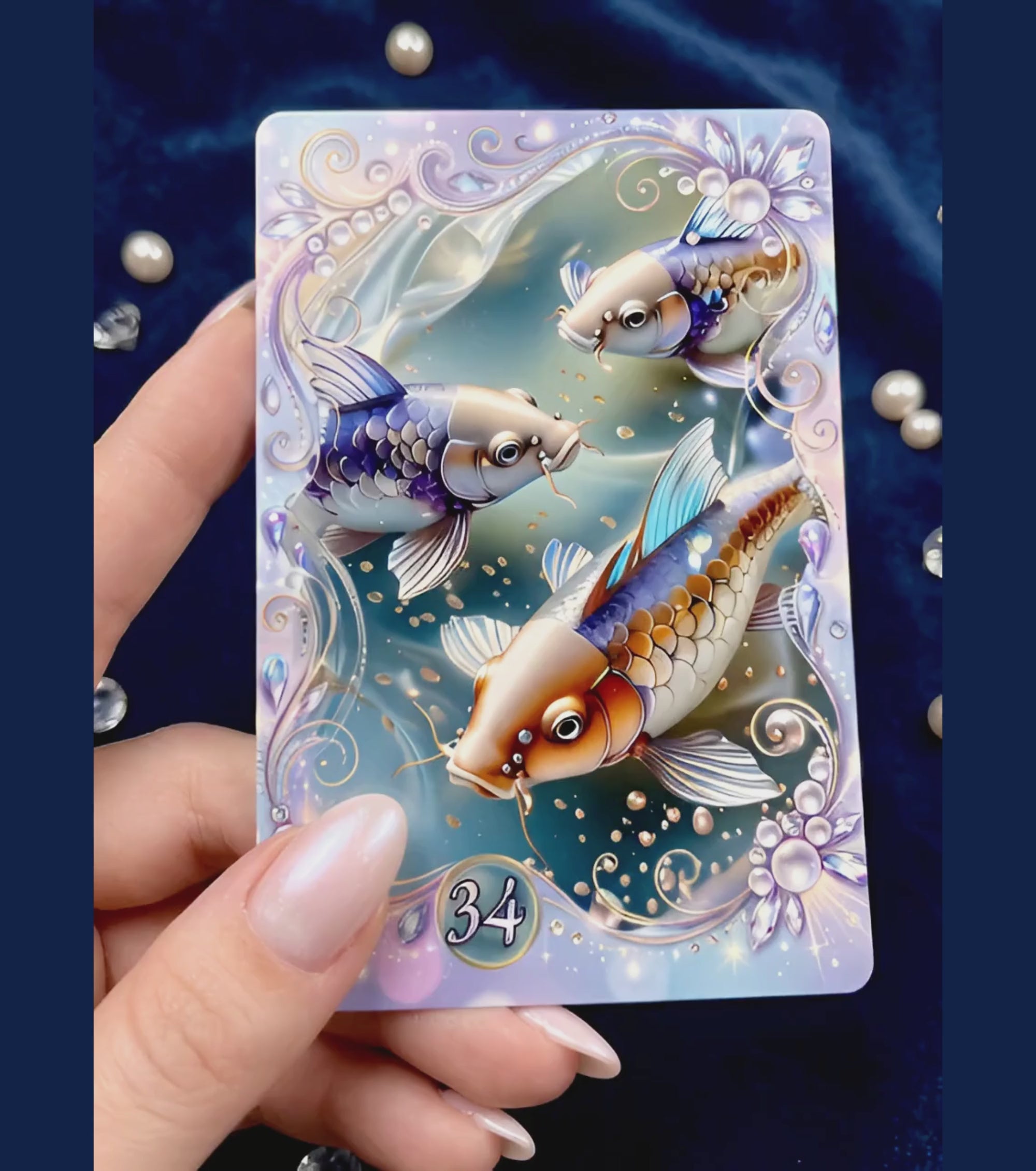 Hand holding Fae Whisper Lenormand Fish card number 34 — glossy lamination detail with koi illustration on blue velvet